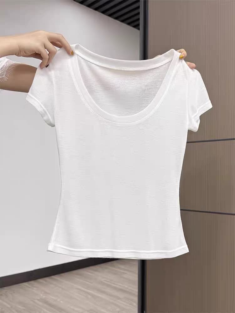 순수한 욕망 화이트 긍정적 인 어깨 u 칼라 반팔 티셔츠 여성 여름 2026 새로운 몸매 가꾸기 슬림해 보이는 만나는 인사이드 가져 가라. 핫걸 맨위 상세 이미지 2