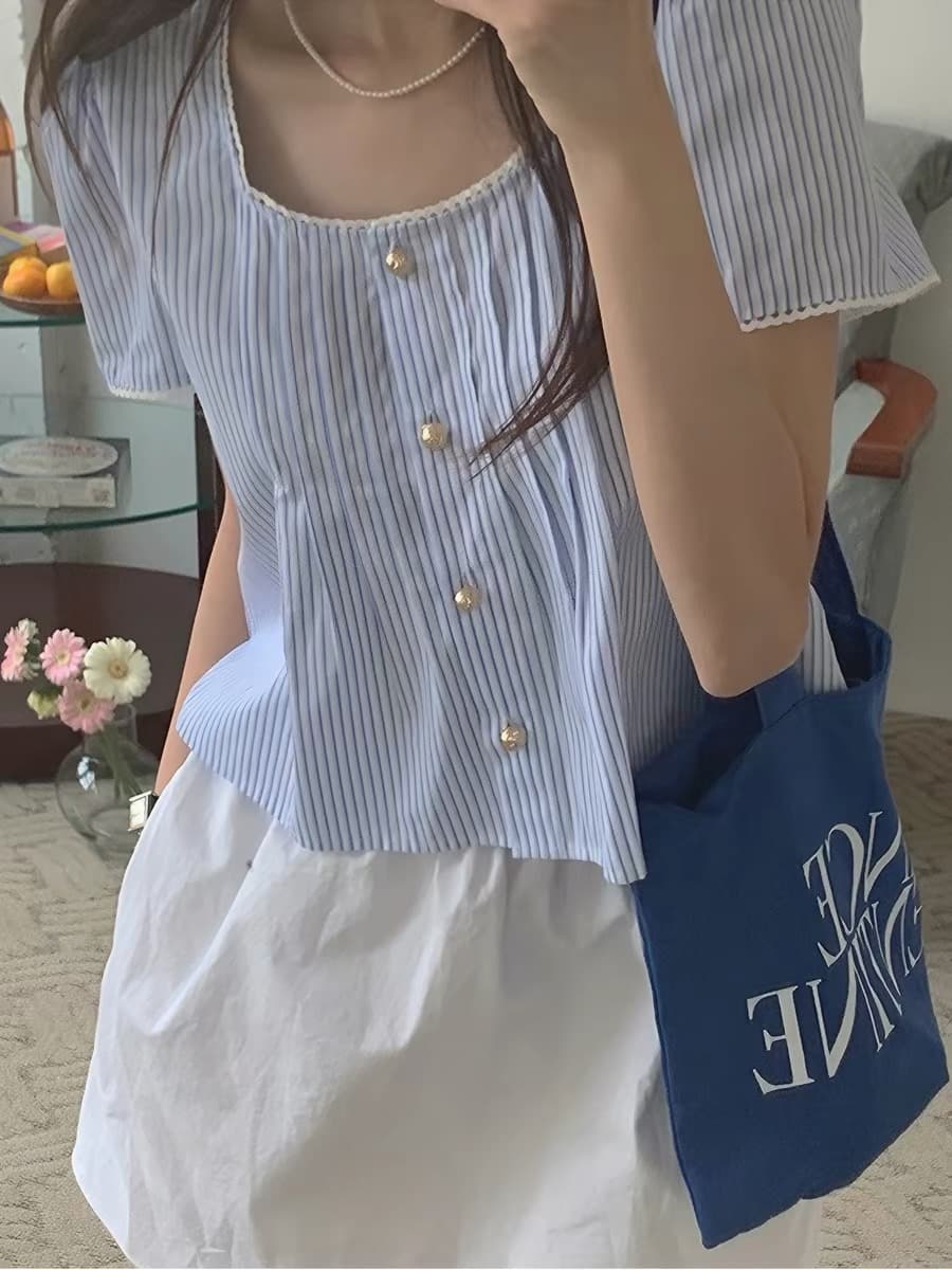 파란색 스트라이프 광장 칼라 반팔 여성 셔츠 여름 연령 감소 품격 레트로 Chic 짧은 셔츠 작은 대중 프랑스식 맨위 상세 이미지 1