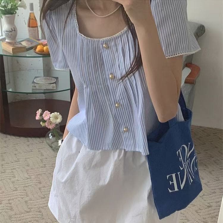 파란색 스트라이프 광장 칼라 반팔 여성 셔츠 여름 연령 감소 품격 레트로 Chic 짧은 셔츠 작은 대중 프랑스식 맨위 상세 이미지 2