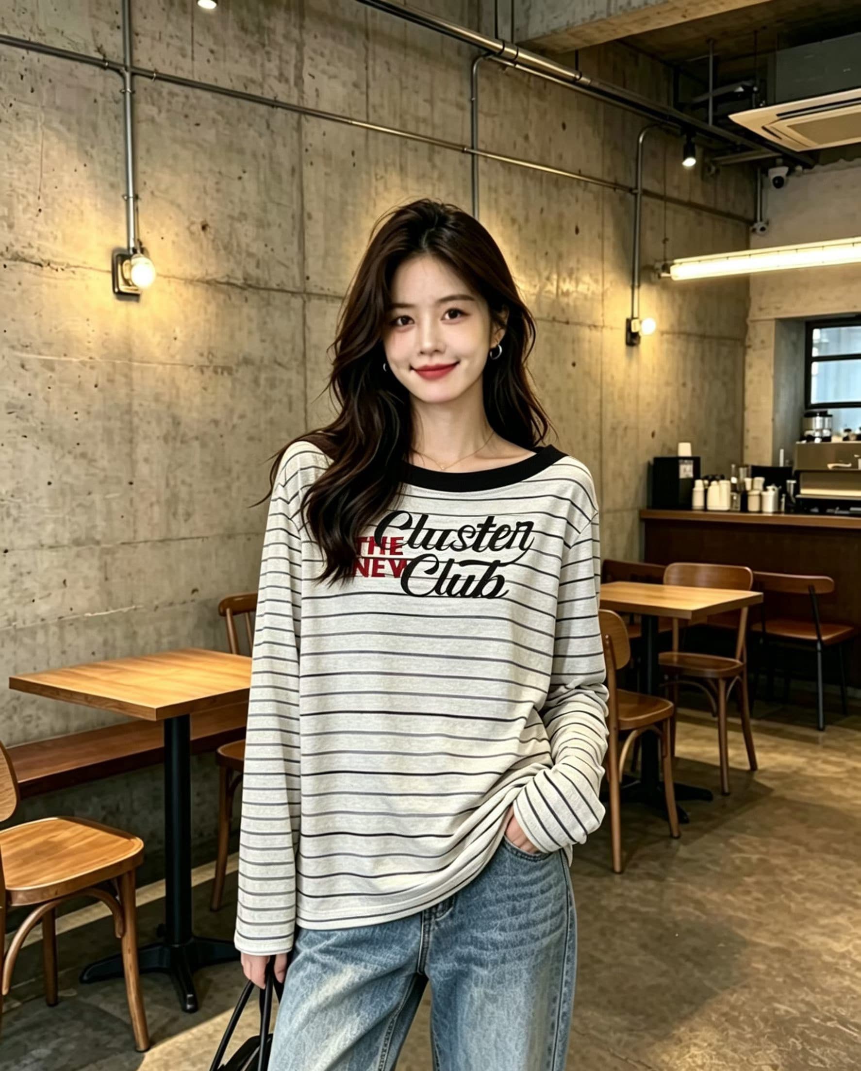 2026 여름 새로운 알파벳 프린트 패치워크 스트라이프 비스듬한 칼라 긴팔 티셔츠 여성 루즈핏 패션 다용도 맨위 트렌디 이미지 3