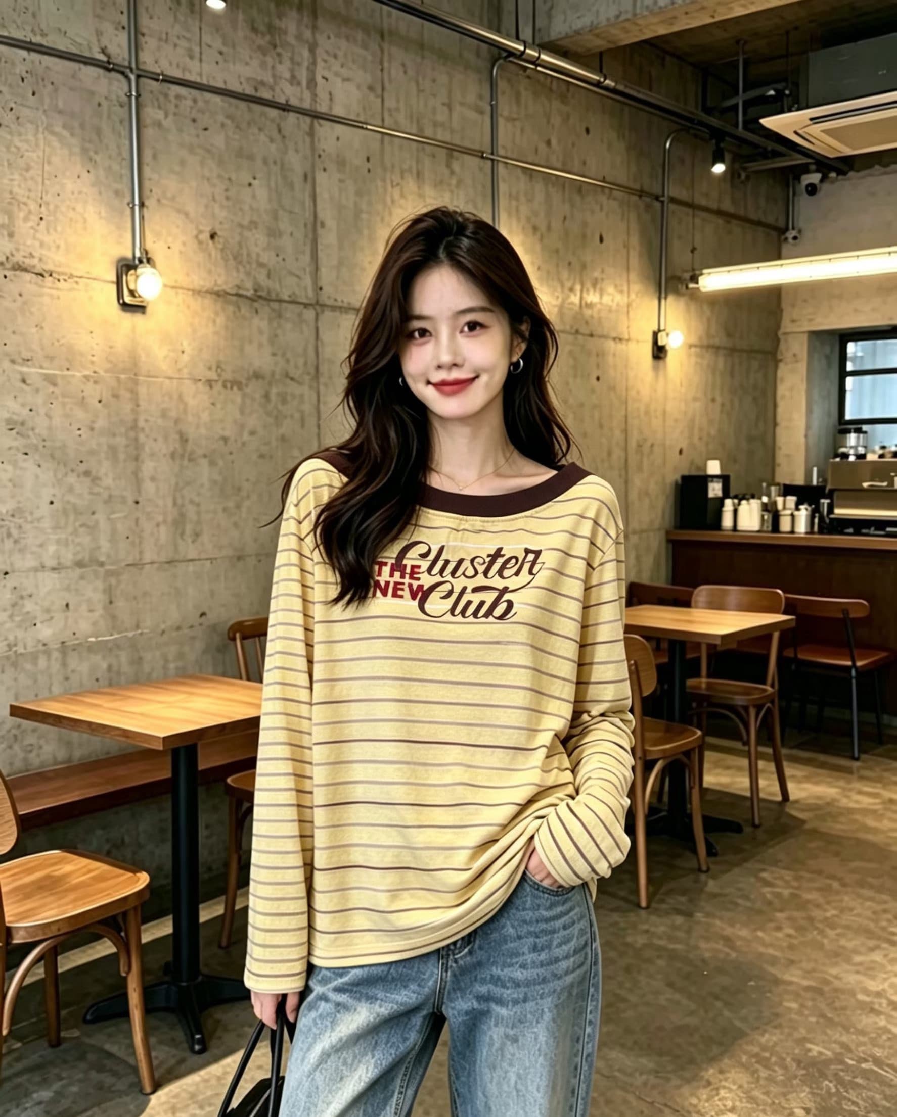 2026 여름 새로운 알파벳 프린트 패치워크 스트라이프 비스듬한 칼라 긴팔 티셔츠 여성 루즈핏 패션 다용도 맨위 트렌디 상세 이미지 1