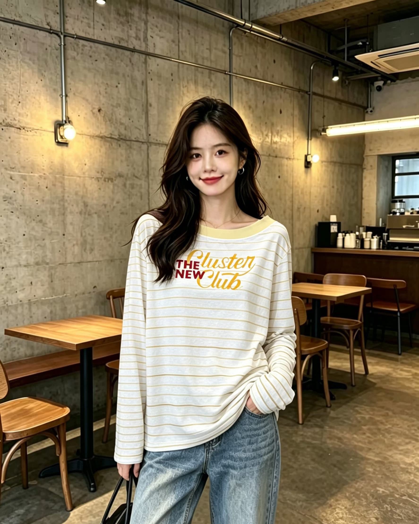 2026 여름 새로운 알파벳 프린트 패치워크 스트라이프 비스듬한 칼라 긴팔 티셔츠 여성 루즈핏 패션 다용도 맨위 트렌디 상세 이미지 3
