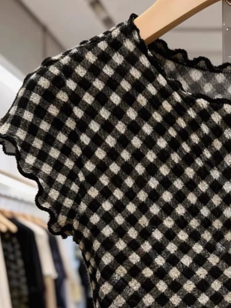 아메리칸 레트로 체크무늬 Feifei 반팔 티셔츠 여성 디자인 센스 작은 대중 여름 고유 한 몸매 가꾸기 슬림해 보이는 긍정적 인 어깨 의류 이미지 3