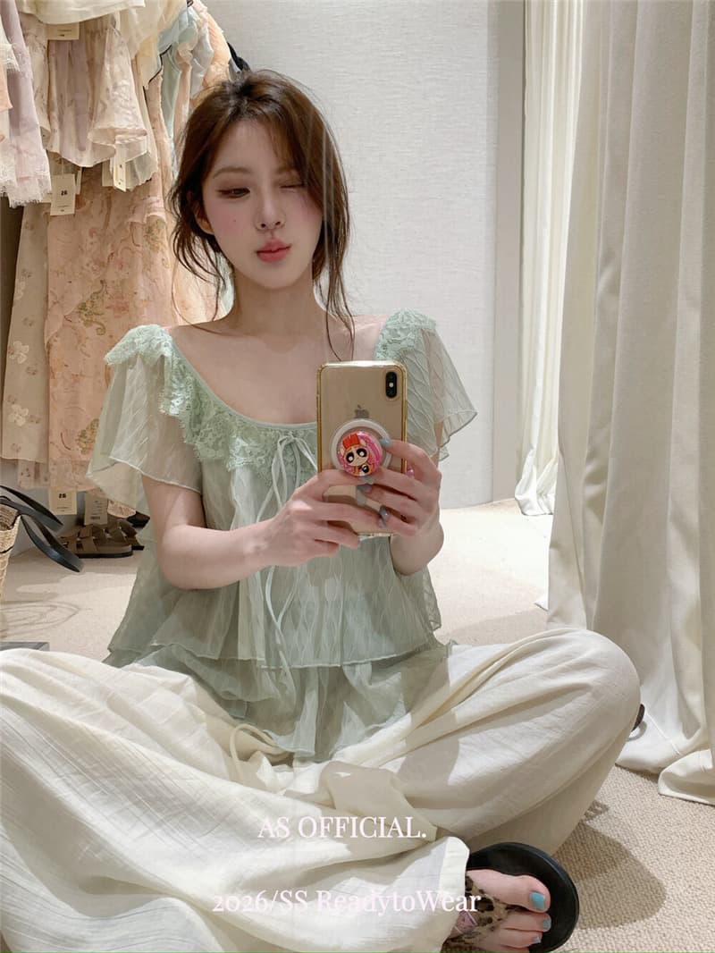 프랑스식 박하 녹색 프릴 쉬폰 여성 셔츠 여름 나비 매듭 다중 레이어 달콤함 맨위 상세 이미지 2