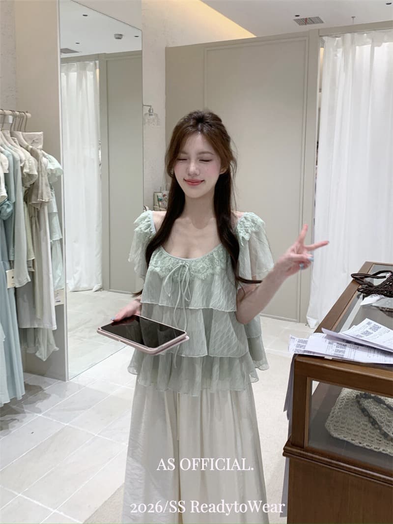프랑스식 박하 녹색 프릴 쉬폰 여성 셔츠 여름 나비 매듭 다중 레이어 달콤함 맨위 상세 이미지 3