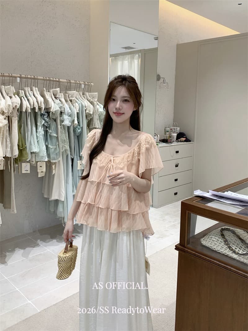 프랑스식 박하 녹색 프릴 쉬폰 여성 셔츠 여름 나비 매듭 다중 레이어 달콤함 맨위 상세 이미지 4