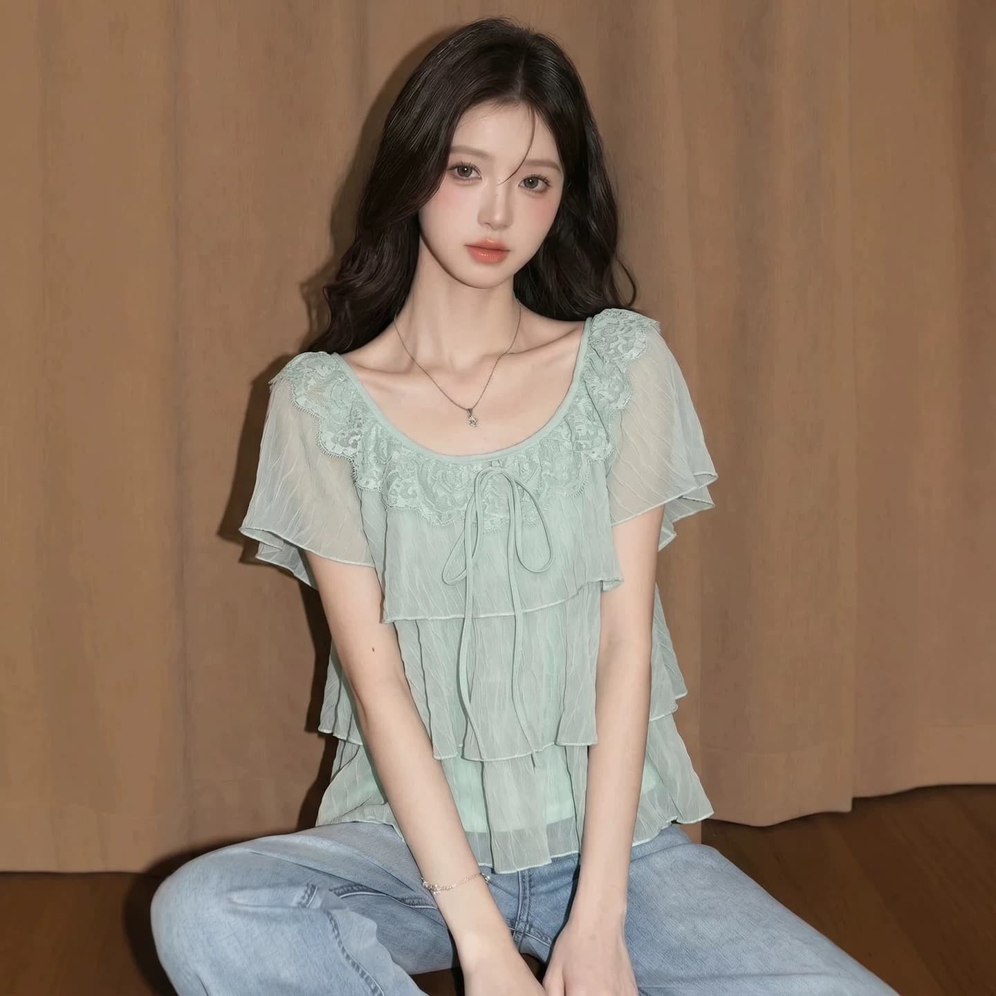 프랑스식 박하 녹색 프릴 쉬폰 여성 셔츠 여름 나비 매듭 다중 레이어 달콤함 맨위 상세 이미지 5