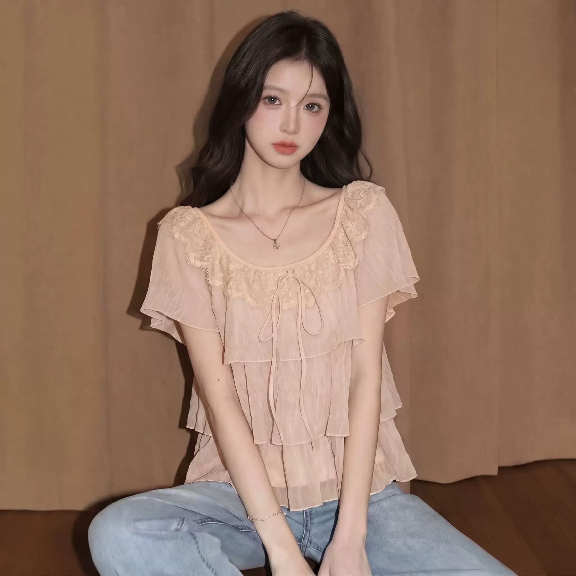 프랑스식 박하 녹색 프릴 쉬폰 여성 셔츠 여름 나비 매듭 다중 레이어 달콤함 맨위 상세 이미지 6