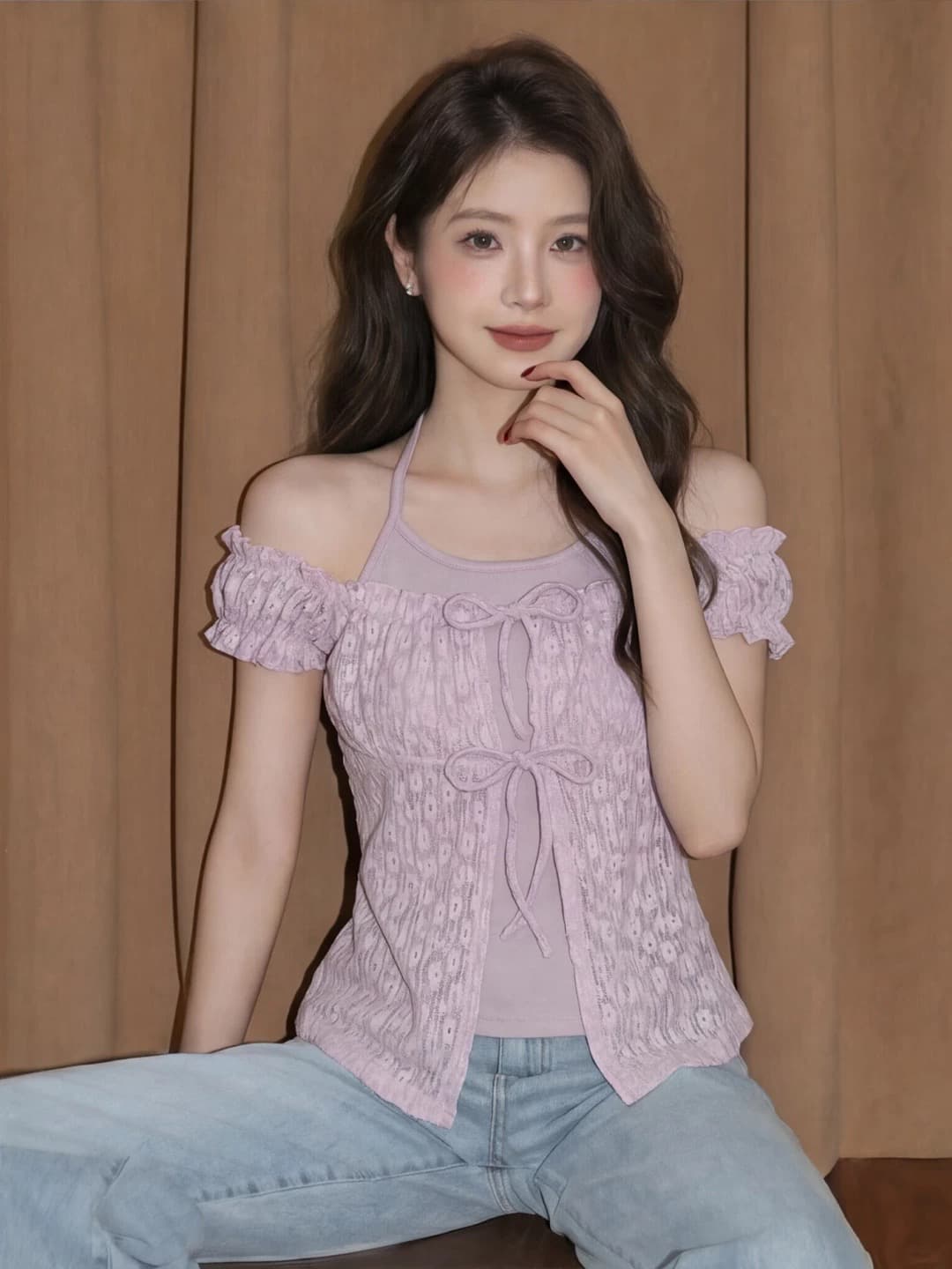 레이스 페이크 레이어드 행침 목 스트랩 여성 셔츠 여름 디자인 센스 작은 대중 프릴 부드러운 맨위 상세 이미지 5
