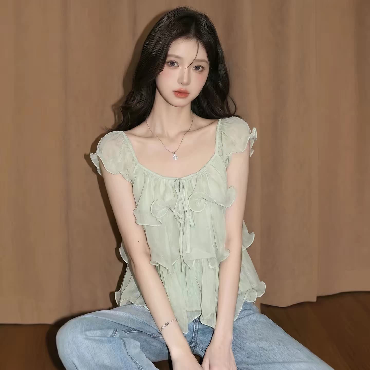 박하 녹색 반팔 맨위 여성 여름 프랑스식 사소한 인형 셔츠 도파민 밝은 아름다운 매우 요정 쉬폰 셔츠 상세 이미지 1