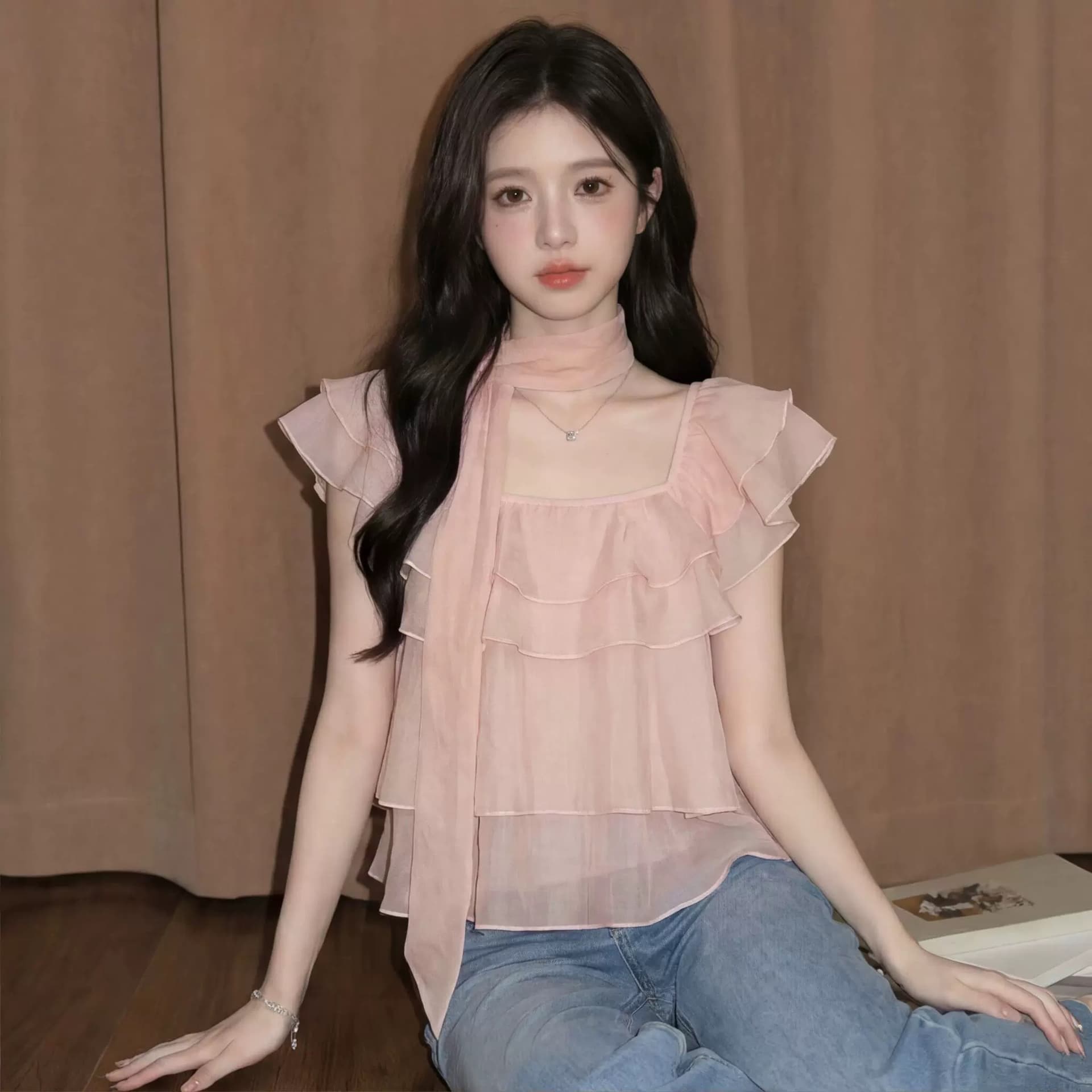 파란색 행침 목 프릴 쉬폰 톱 여성 여름 도파민 프랑스식 사소한 고유 한 아름다운 긍정적 인 어깨 반팔 셔츠 이미지 5