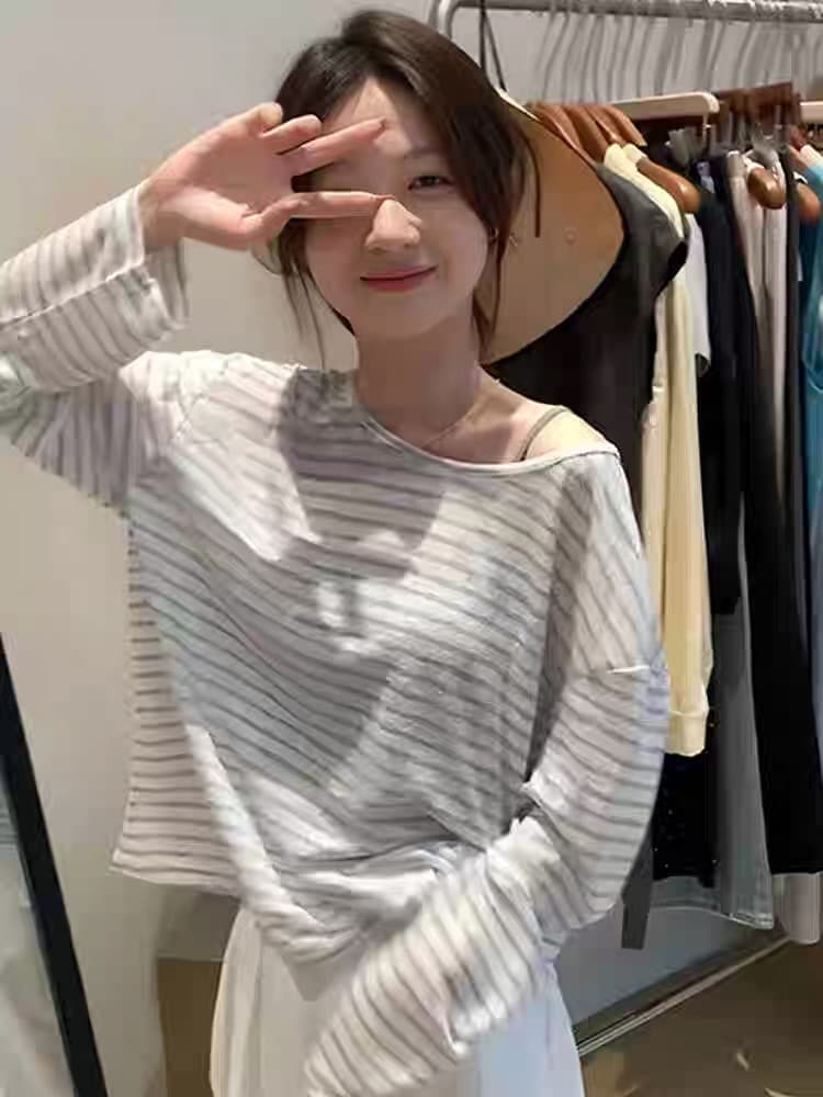 홀로우 아웃 스트랩 스트라이프 긴팔 티셔츠 여성 2026 새로운 여름 루즈핏 얇은 스타일 자외선 차단 블라우스 디자인 센스 맨위 상세 이미지 2