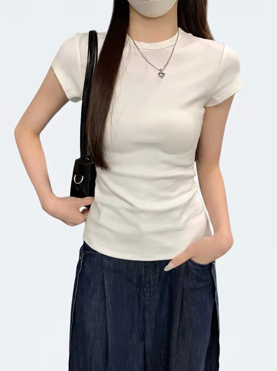 아메리칸 핫걸 회색 몸매 가꾸기 라운드 넥 긍정적 인 어깨 반팔 티셔츠 여성 여름 단색 작은 키 miu 고정 몸 의류 상세 이미지 2