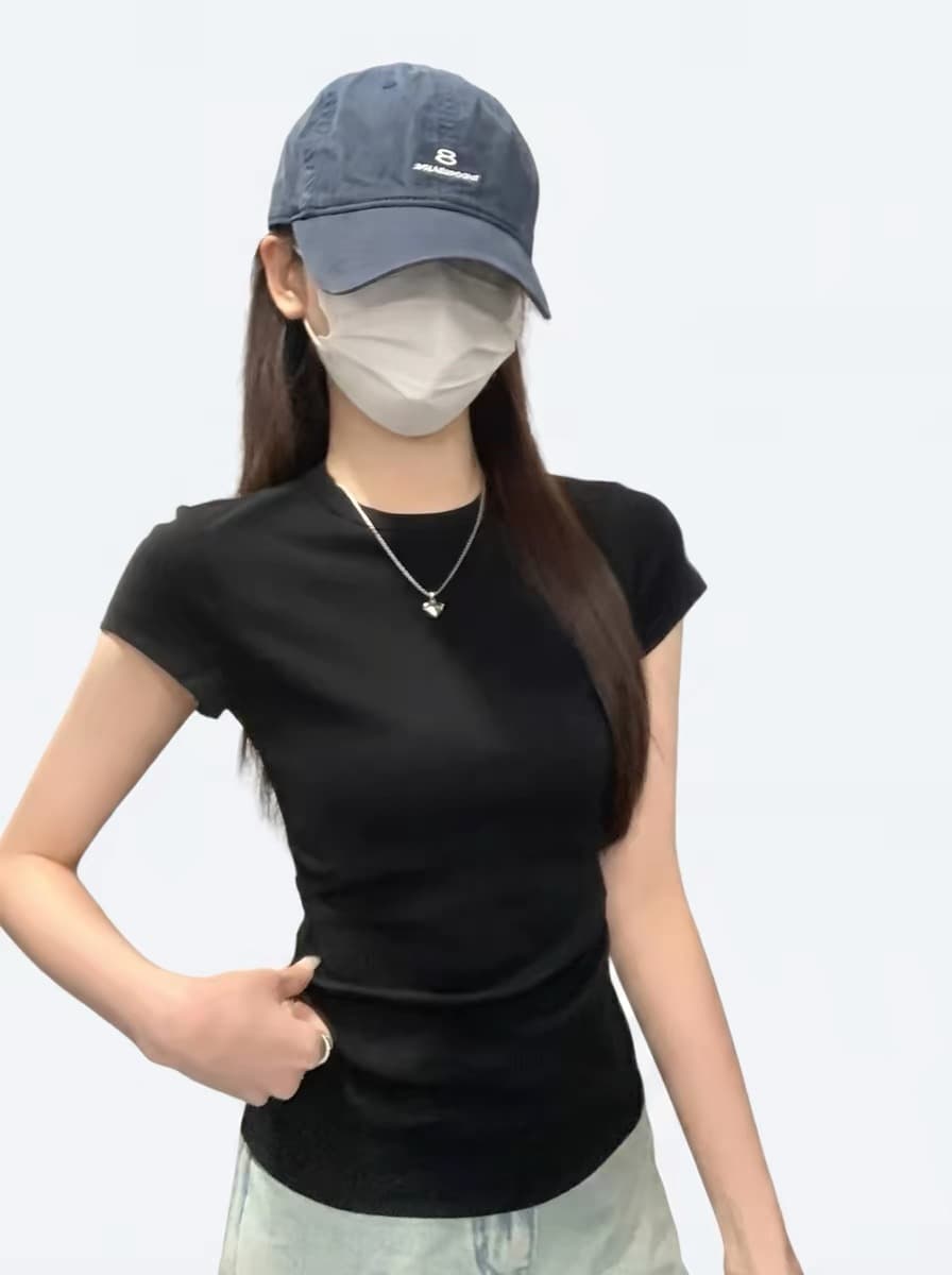 아메리칸 핫걸 회색 몸매 가꾸기 라운드 넥 긍정적 인 어깨 반팔 티셔츠 여성 여름 단색 작은 키 miu 고정 몸 의류 상세 이미지 3
