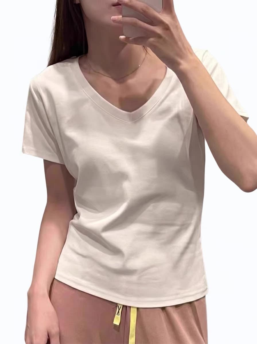 미니멀리즘 단색 긍정적 인 어깨 반팔 V넥 티셔츠 여성 여름 얇은 스타일 몸매 가꾸기 슬림해 보이는 맞춤 다용도 회색 맨위 이미지 3