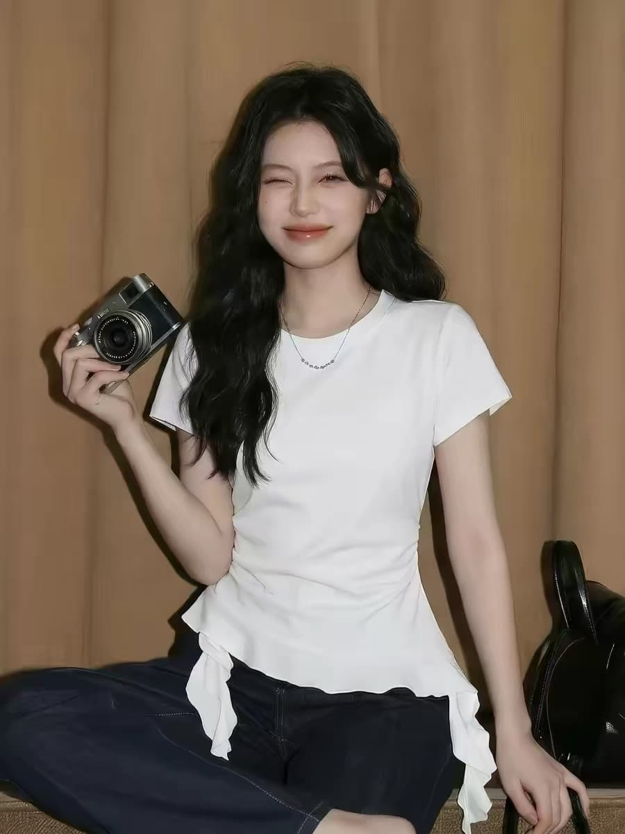 한 부서 고급 센스 핫걸 불규칙 프릴 반팔 티셔츠 여성 여름 새로운 허리 수축 슬림해 보이는 순수한 욕망 맨위 상세 이미지 4