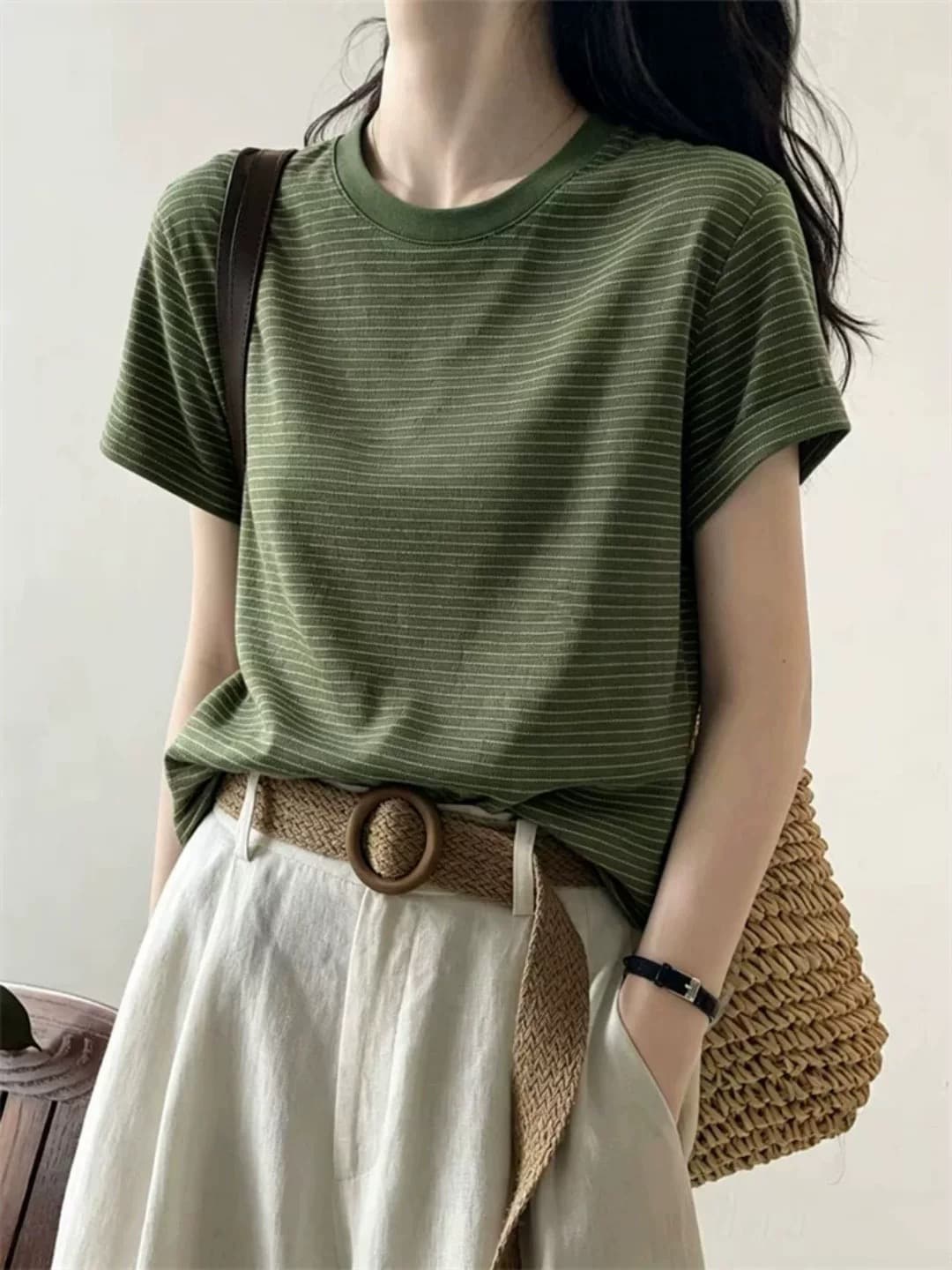 아메리칸 레트로 녹색 스트라이프 긍정적 인 어깨 반팔 여성 티셔츠 여름 루즈핏 느긋한 바람 슬림해 보이는 다용도 반소매 맨위 상세 이미지 5