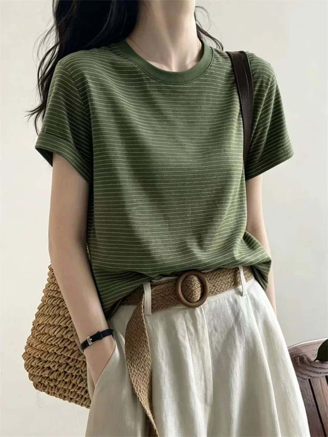아메리칸 레트로 녹색 스트라이프 긍정적 인 어깨 반팔 여성 티셔츠 여름 루즈핏 느긋한 바람 슬림해 보이는 다용도 반소매 맨위 상세 이미지 6