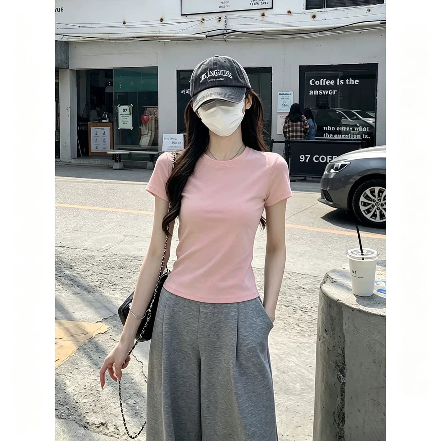 아메리칸 핫걸 회색 몸매 가꾸기 라운드 넥 긍정적 인 어깨 반팔 티셔츠 여성 여름 단색 기초 섹션 허리 수축 슬림해 보이는 맨위 이미지 3