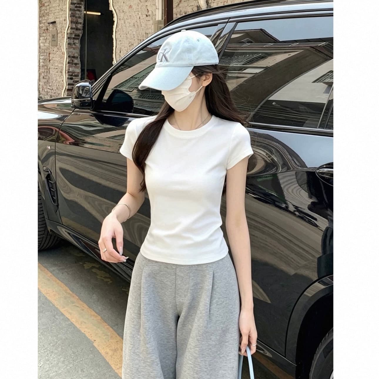 아메리칸 핫걸 회색 몸매 가꾸기 라운드 넥 긍정적 인 어깨 반팔 티셔츠 여성 여름 단색 기초 섹션 허리 수축 슬림해 보이는 맨위 이미지 5