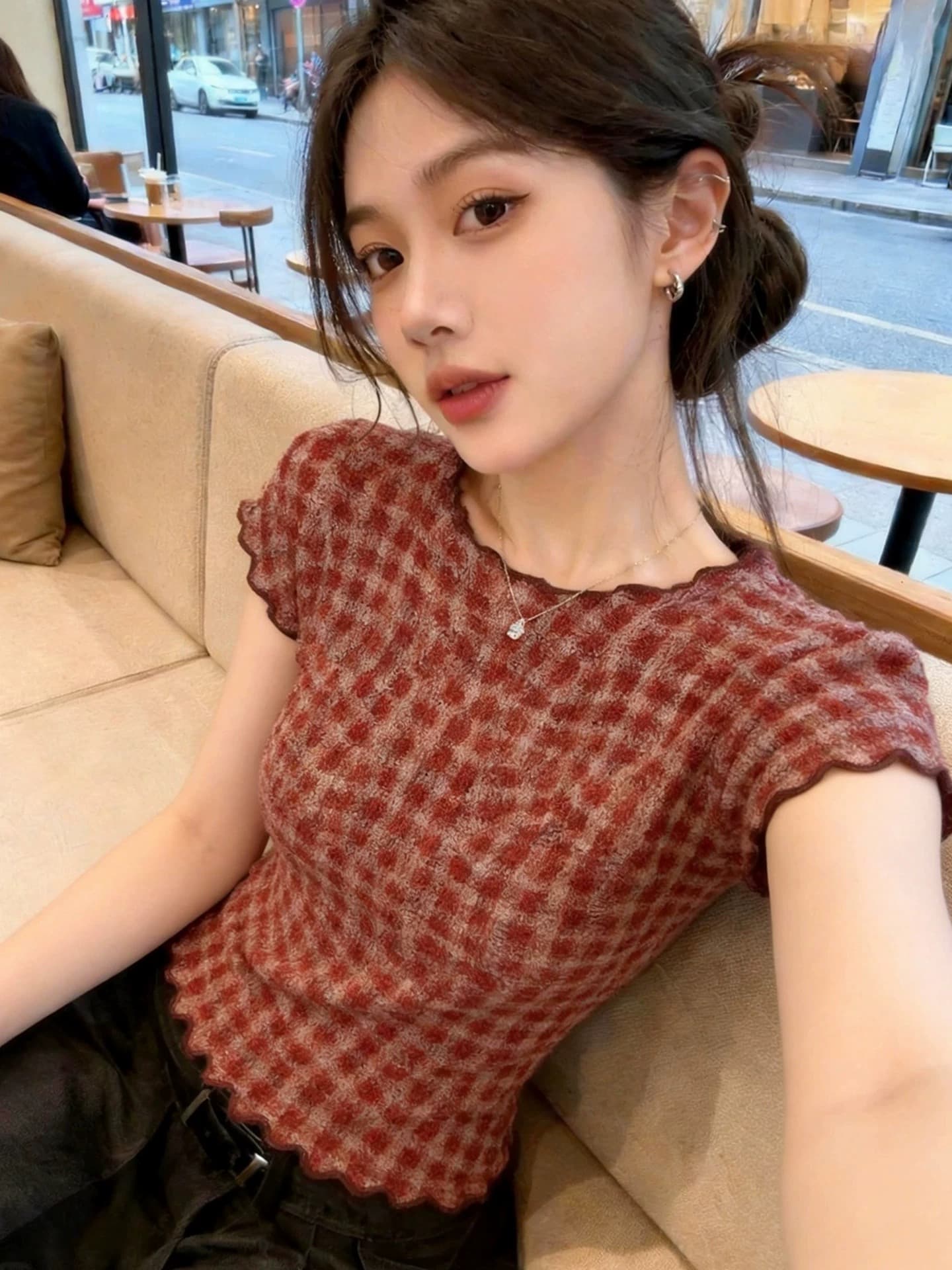 아메리칸 레트로 체크무늬 반팔 티셔츠 여성 의류 2026 여름 새로운 튀김 거리 고유 한 아름다운 몸매 가꾸기 슬림해 보이는 맨위 상세 이미지 1