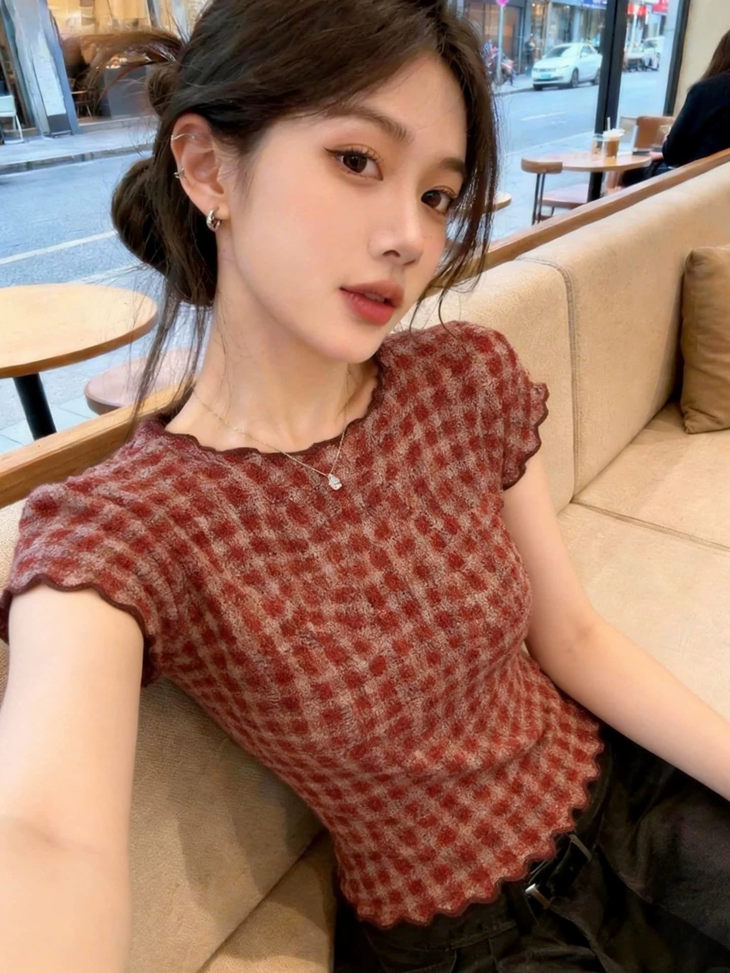 아메리칸 레트로 체크무늬 반팔 티셔츠 여성 의류 2026 여름 새로운 튀김 거리 고유 한 아름다운 몸매 가꾸기 슬림해 보이는 맨위 상세 이미지 4