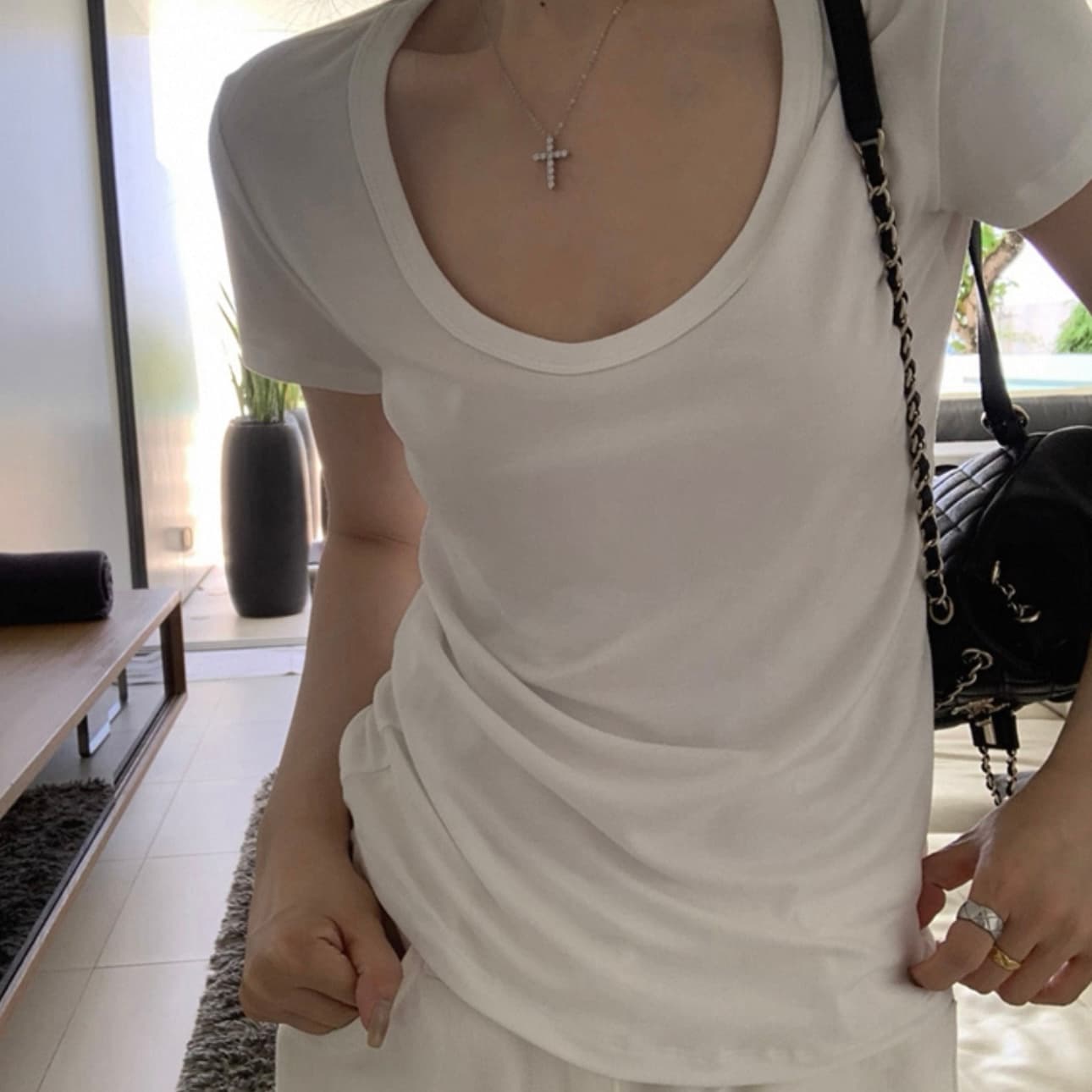 핫걸 몸매 가꾸기 회색 u 칼라 긍정적 인 어깨 반팔 티셔츠 여성 여름 한 부서 허리 수축 슬림해 보이는 동정 대 네클라인 맨위 얇은 상세 이미지 1