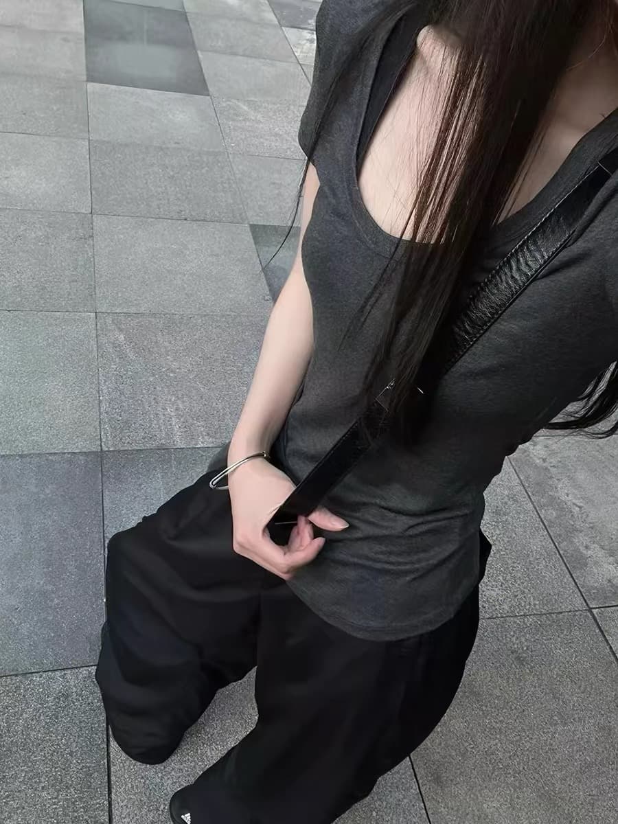 핫걸 몸매 가꾸기 회색 u 칼라 긍정적 인 어깨 반팔 티셔츠 여성 여름 한 부서 허리 수축 슬림해 보이는 동정 대 네클라인 맨위 얇은 상세 이미지 4