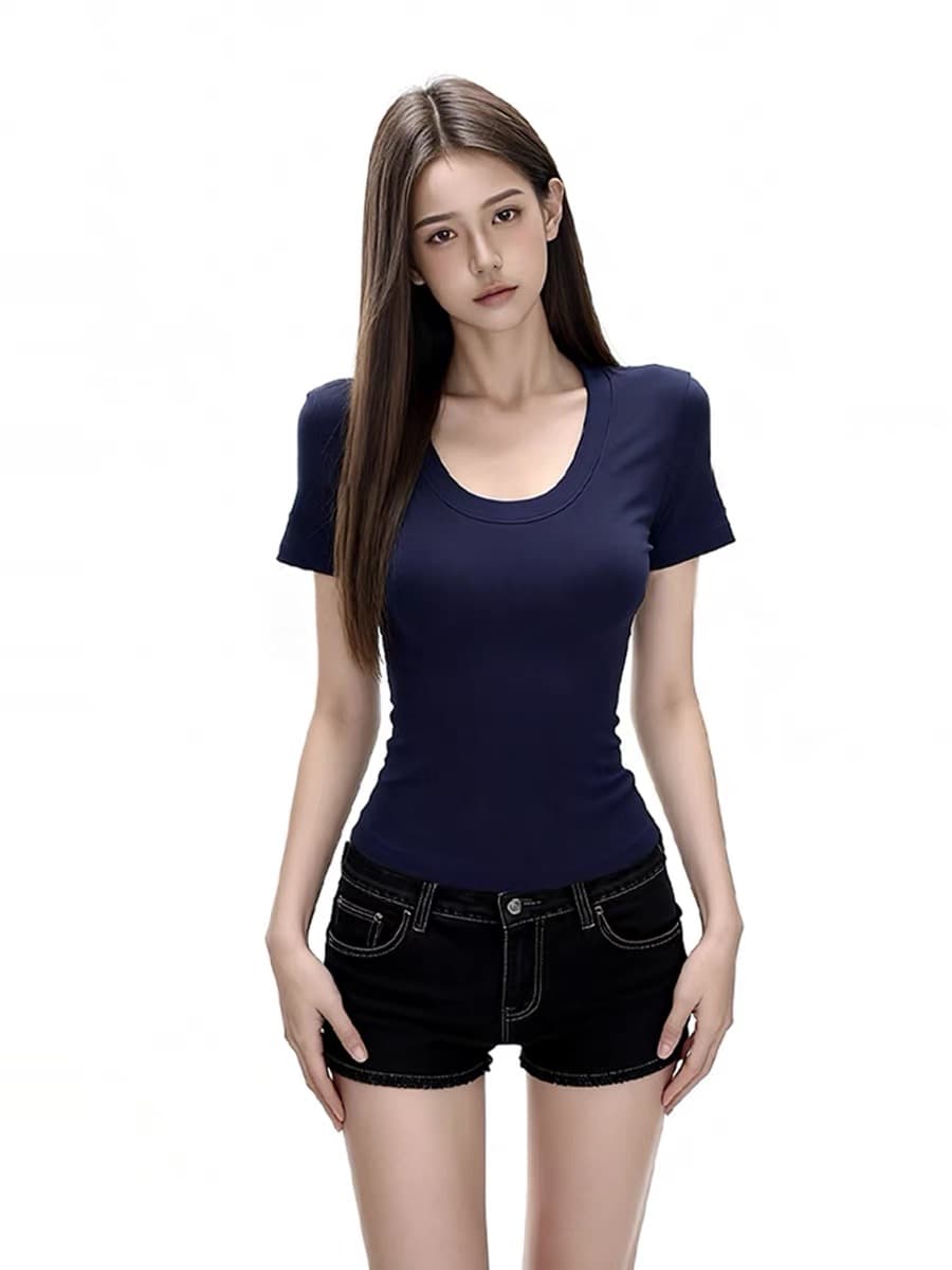 화이트 u 칼라 반팔 긍정적 인 어깨 티셔츠 여성 여름 기초 섹션 미니멀리즘 다용도 몸매 가꾸기 슬림해 보이는 맨위 이미지 3