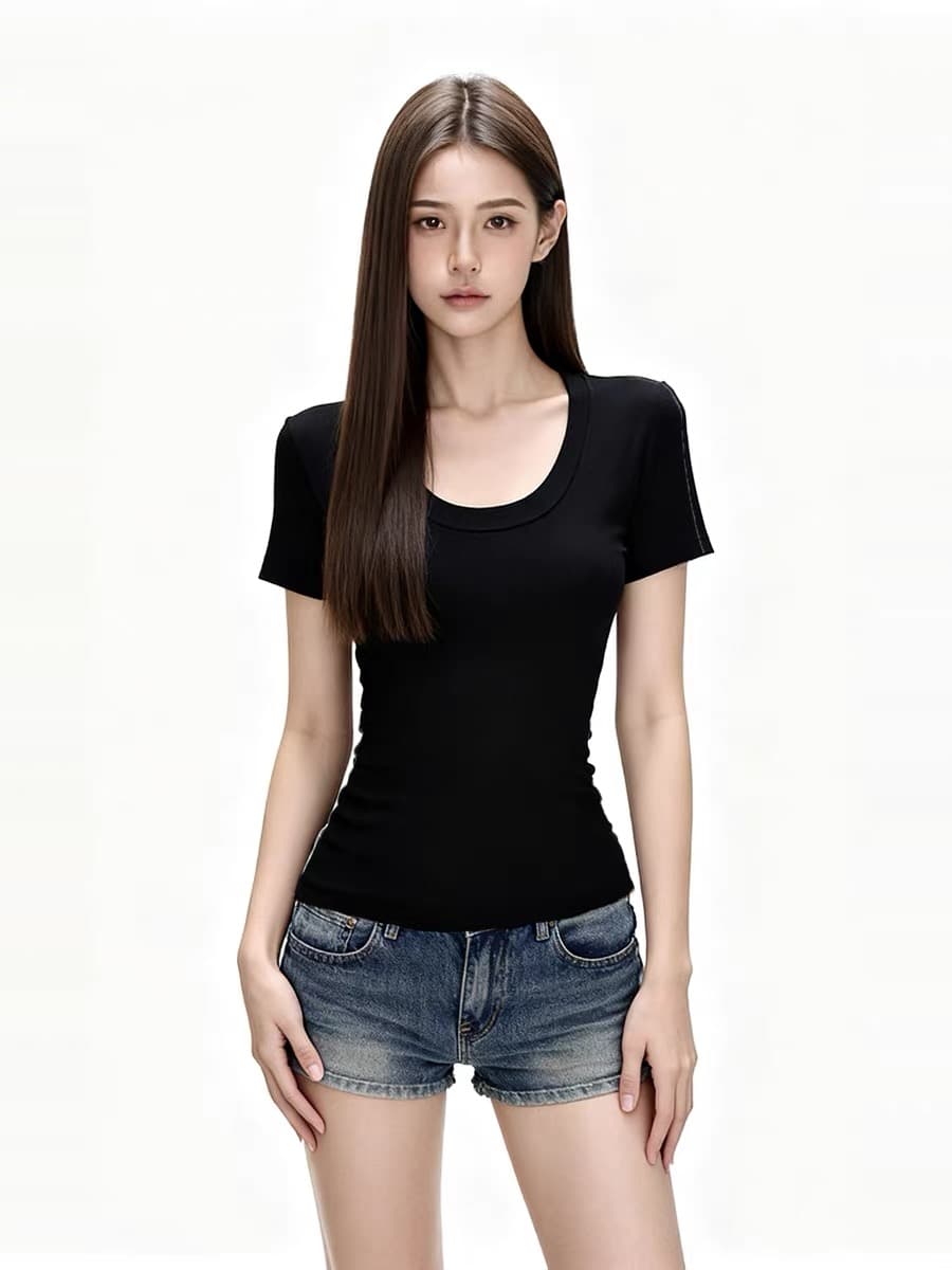 화이트 u 칼라 반팔 긍정적 인 어깨 티셔츠 여성 여름 기초 섹션 미니멀리즘 다용도 몸매 가꾸기 슬림해 보이는 맨위 상세 이미지 3