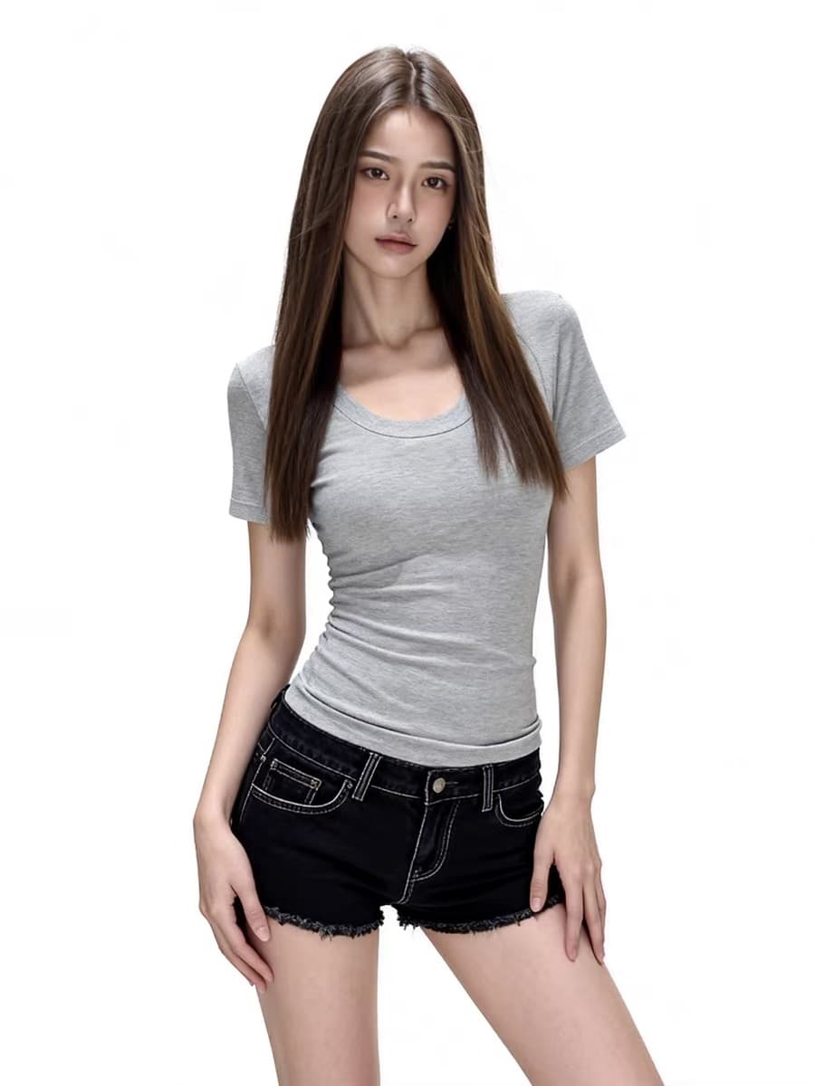 화이트 u 칼라 반팔 긍정적 인 어깨 티셔츠 여성 여름 기초 섹션 미니멀리즘 다용도 몸매 가꾸기 슬림해 보이는 맨위 상세 이미지 4