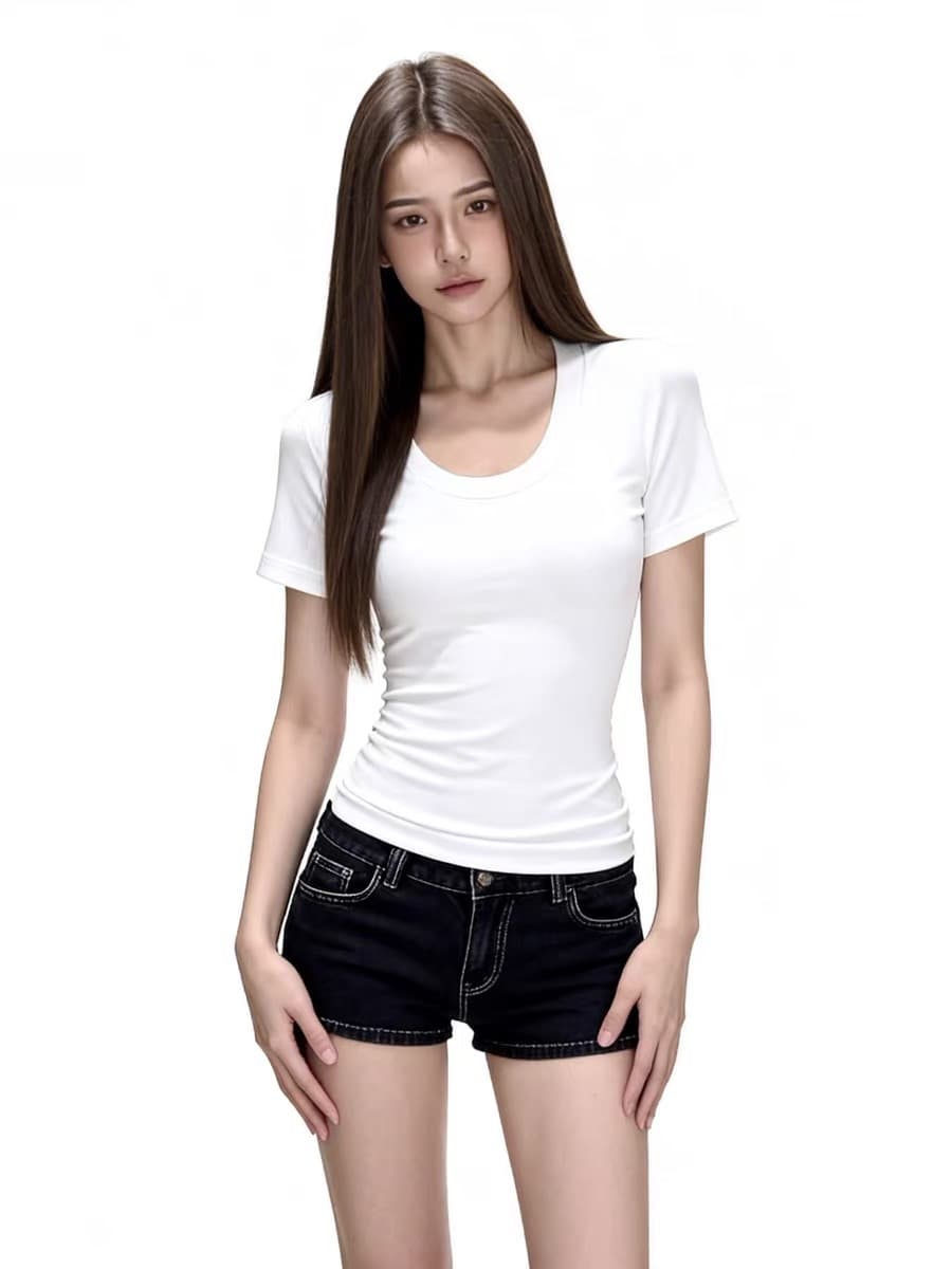화이트 u 칼라 반팔 긍정적 인 어깨 티셔츠 여성 여름 기초 섹션 미니멀리즘 다용도 몸매 가꾸기 슬림해 보이는 맨위 상세 이미지 5