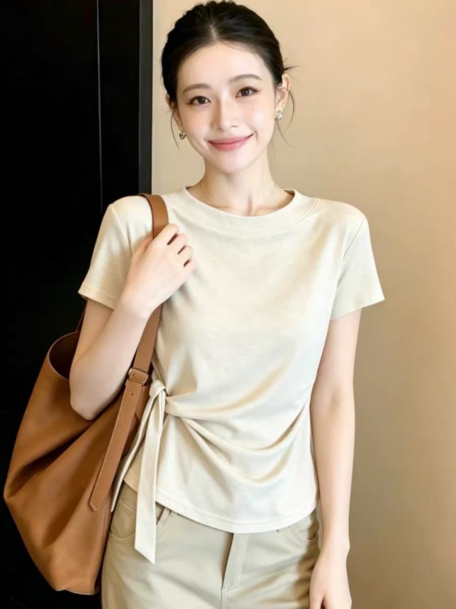 한 부서 오트밀 색상 레이스업 긍정적 인 어깨 반팔 티셔츠 여성 의류 여름 작은 키 쇼트 스타일 고유 한 아름다운 아름다운 맨위 이미지 3