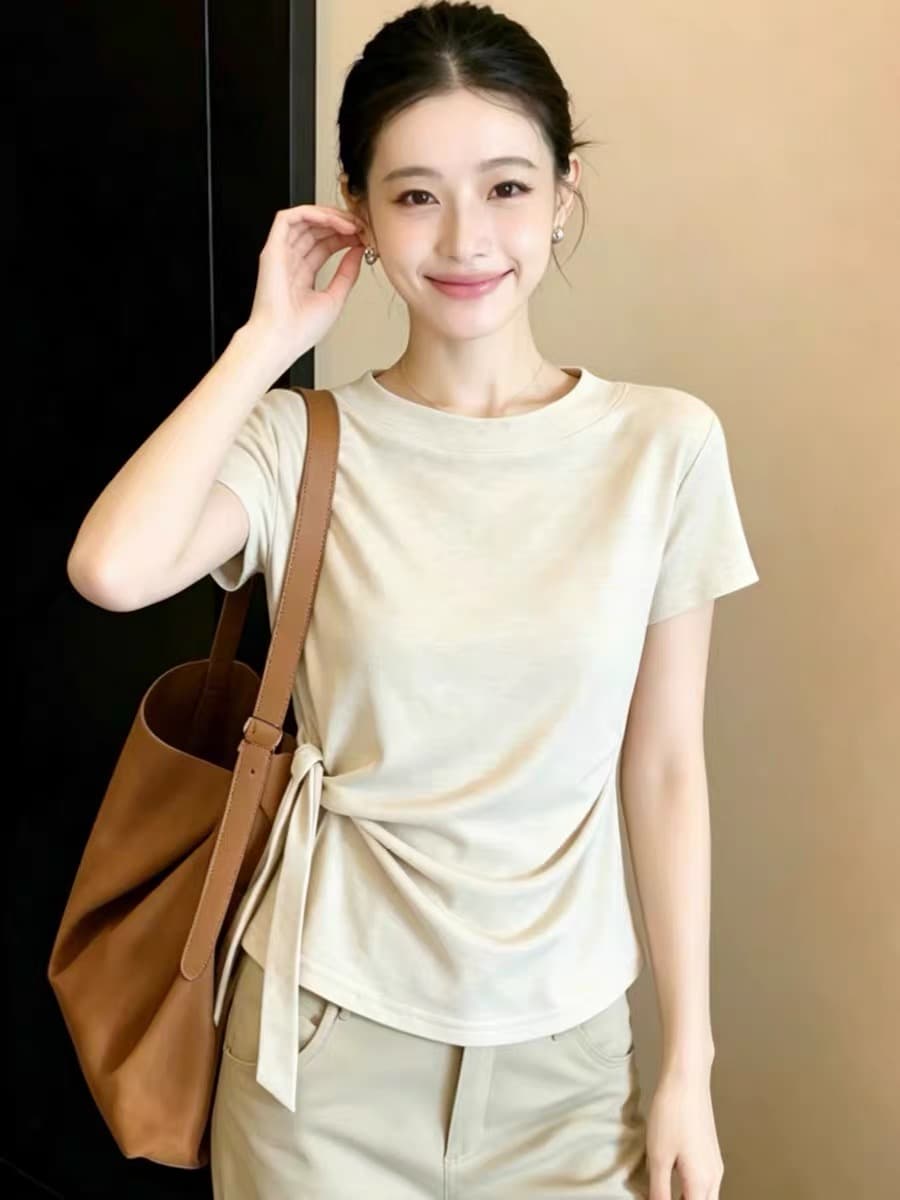 한 부서 오트밀 색상 레이스업 긍정적 인 어깨 반팔 티셔츠 여성 의류 여름 작은 키 쇼트 스타일 고유 한 아름다운 아름다운 맨위 이미지 4