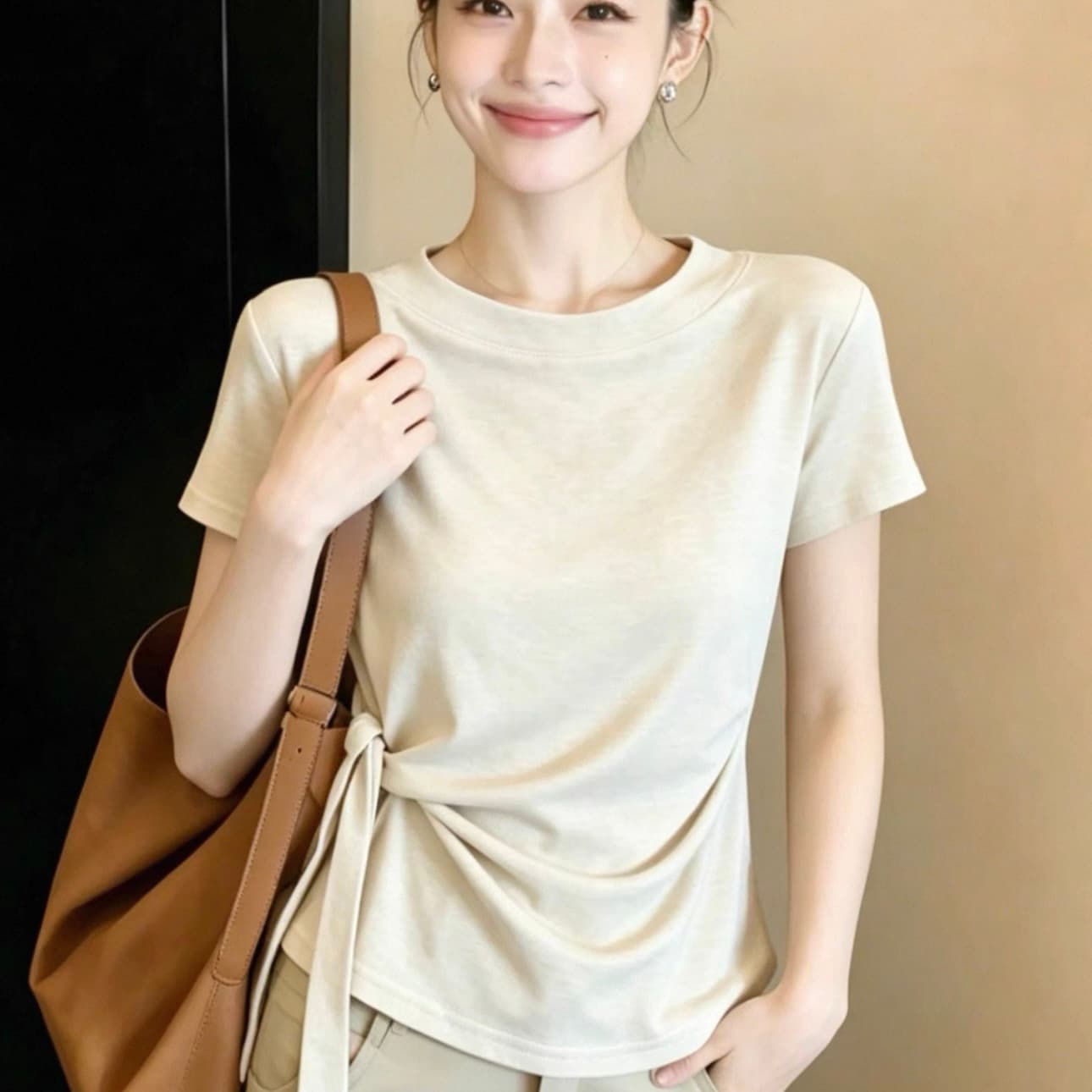 한 부서 오트밀 색상 레이스업 긍정적 인 어깨 반팔 티셔츠 여성 의류 여름 작은 키 쇼트 스타일 고유 한 아름다운 아름다운 맨위 이미지 5