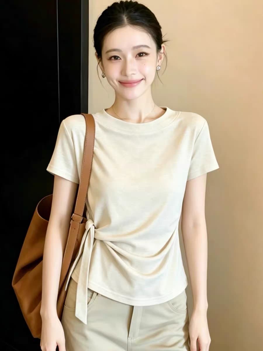 한 부서 오트밀 색상 레이스업 긍정적 인 어깨 반팔 티셔츠 여성 의류 여름 작은 키 쇼트 스타일 고유 한 아름다운 아름다운 맨위 상세 이미지 4