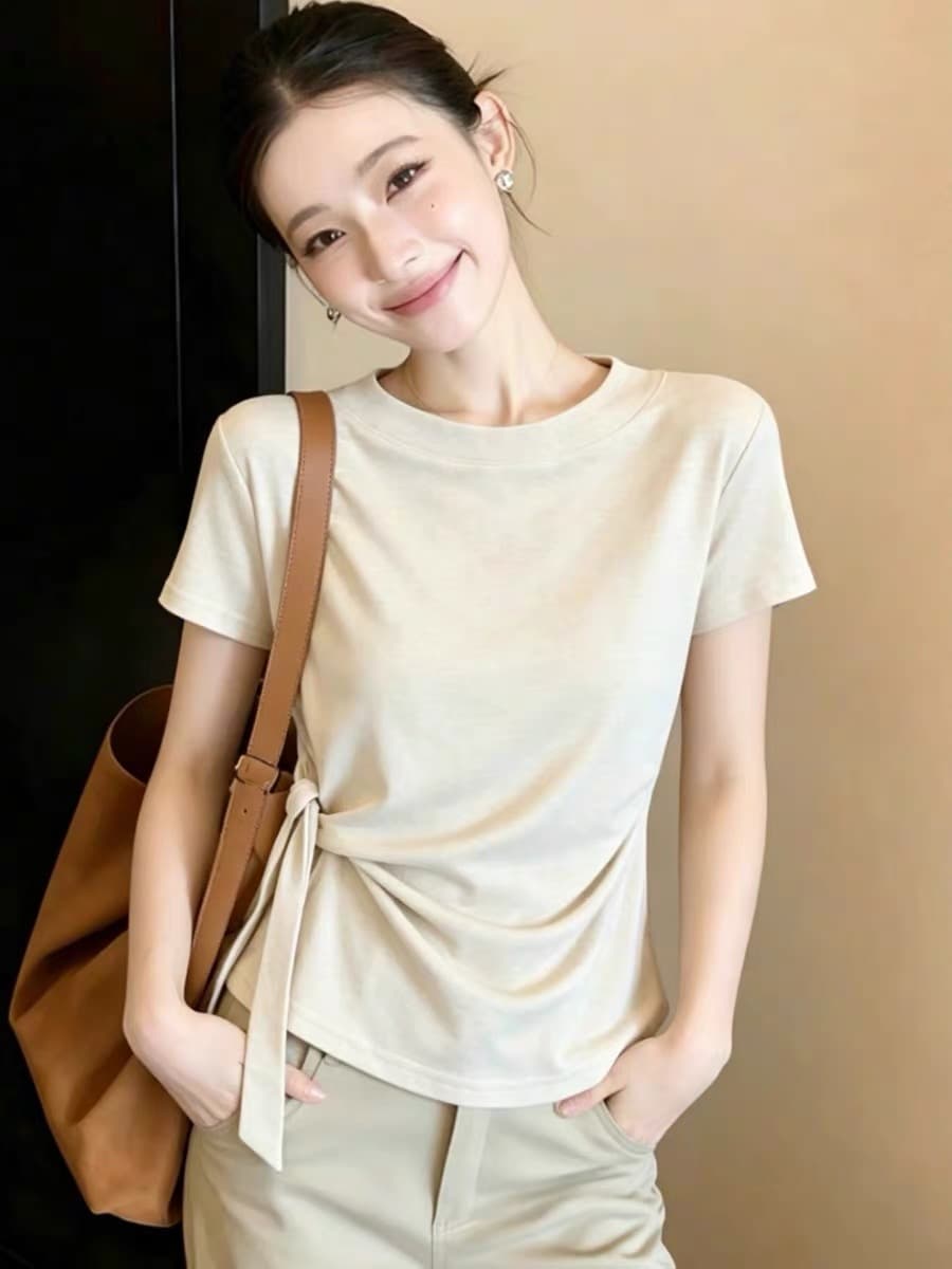 한 부서 오트밀 색상 레이스업 긍정적 인 어깨 반팔 티셔츠 여성 의류 여름 작은 키 쇼트 스타일 고유 한 아름다운 아름다운 맨위 상세 이미지 5