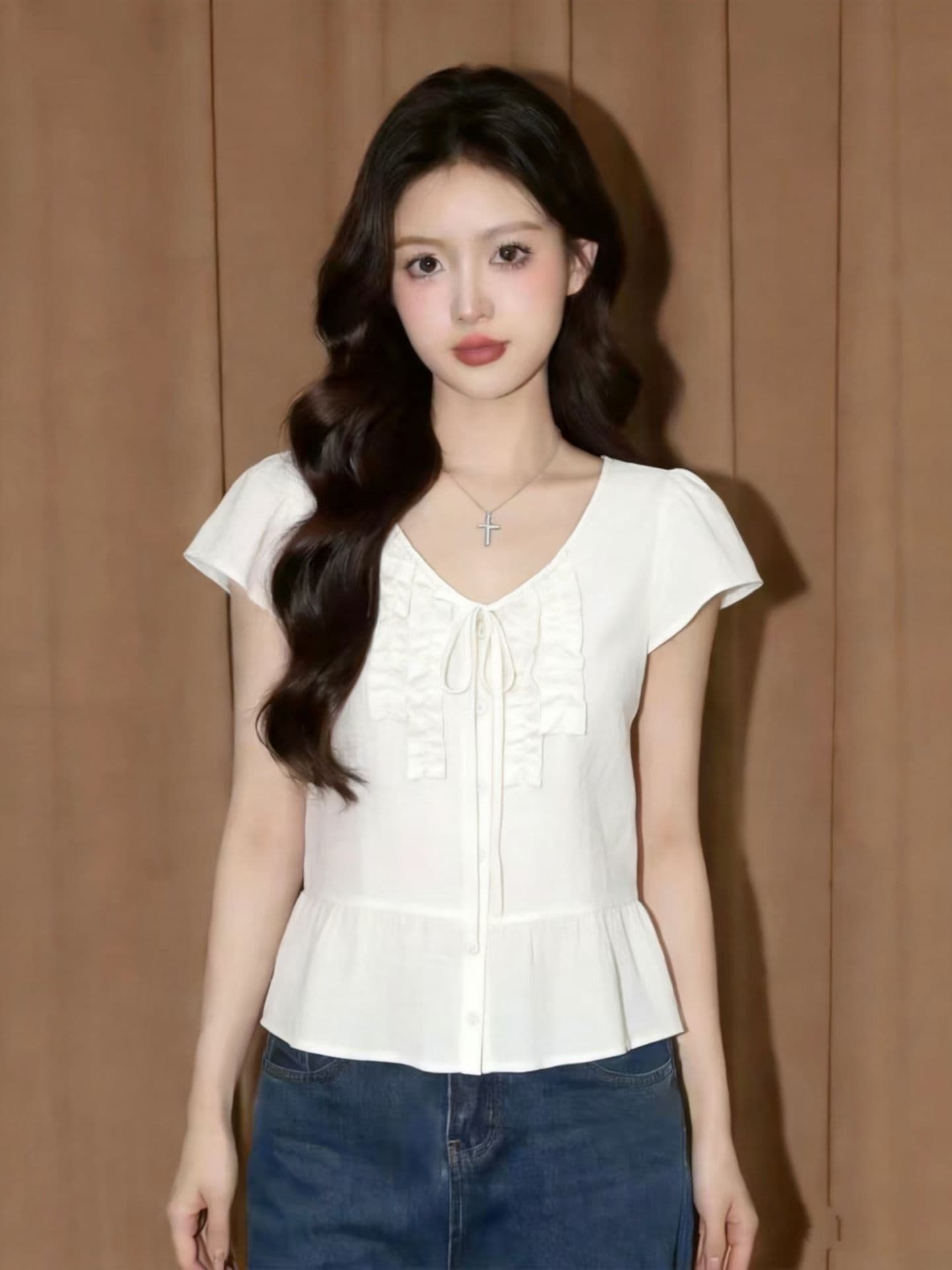 핑크색 면 린넨 반팔 맨위 여성 여름 프랑스식 사소한 인형 작은 셔츠 고유 한 아름다운 도파민 거품 소매 셔츠 상세 이미지 7