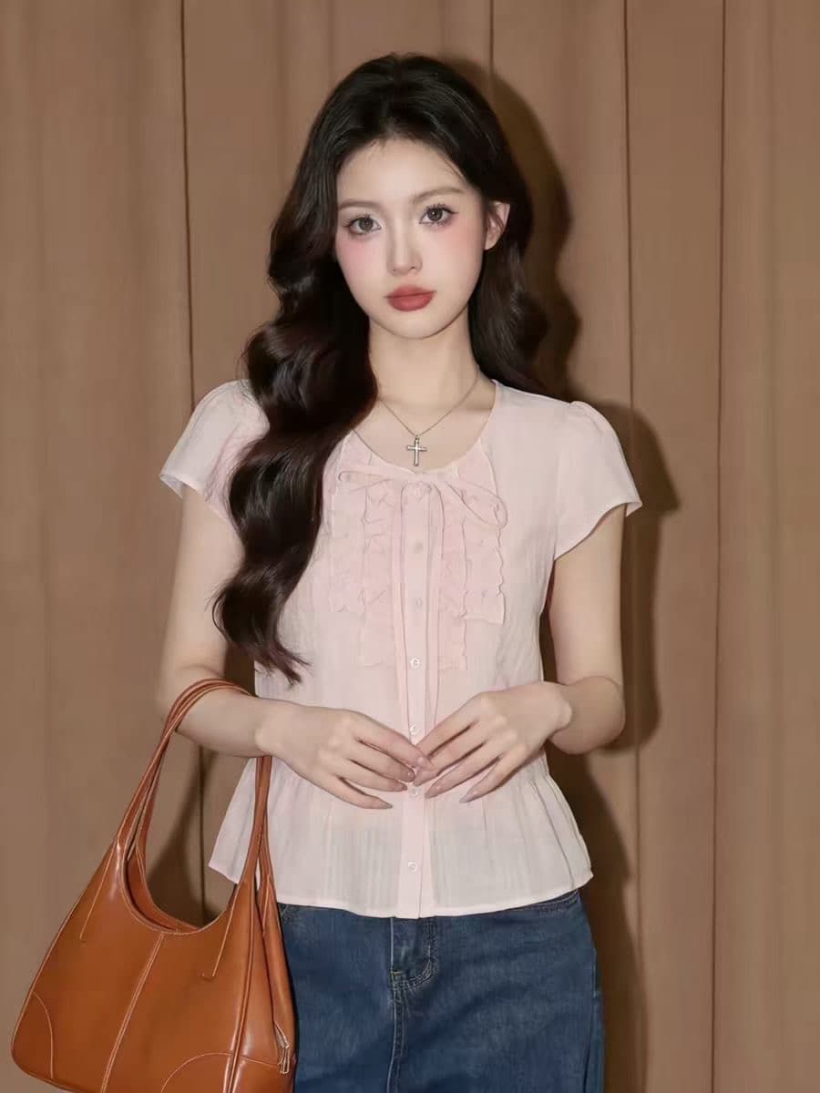 핑크색 면 린넨 반팔 맨위 여성 여름 프랑스식 사소한 인형 작은 셔츠 고유 한 아름다운 도파민 거품 소매 셔츠 상세 이미지 8