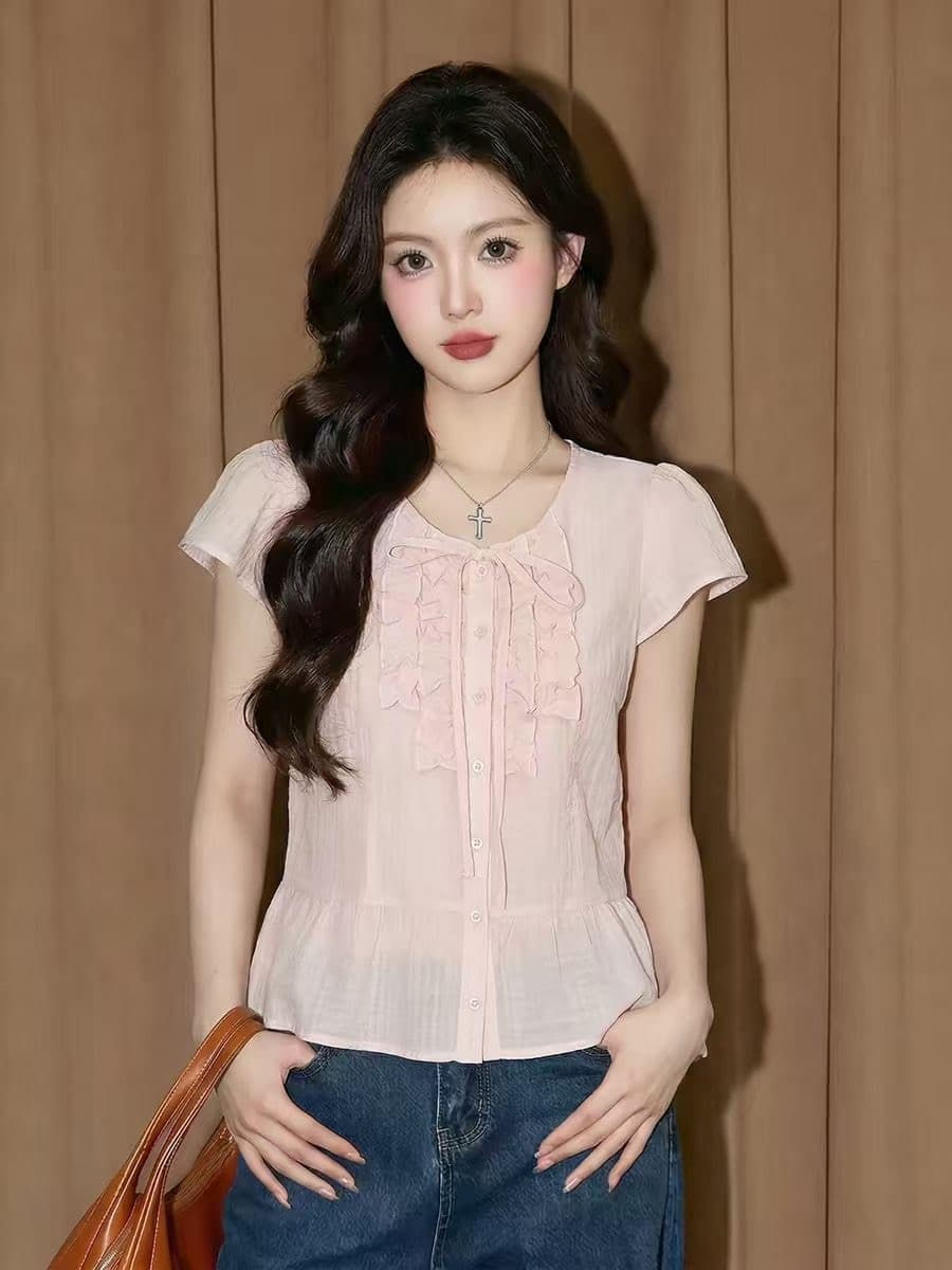 핑크색 면 린넨 반팔 맨위 여성 여름 프랑스식 사소한 인형 작은 셔츠 고유 한 아름다운 도파민 거품 소매 셔츠 상세 이미지 9