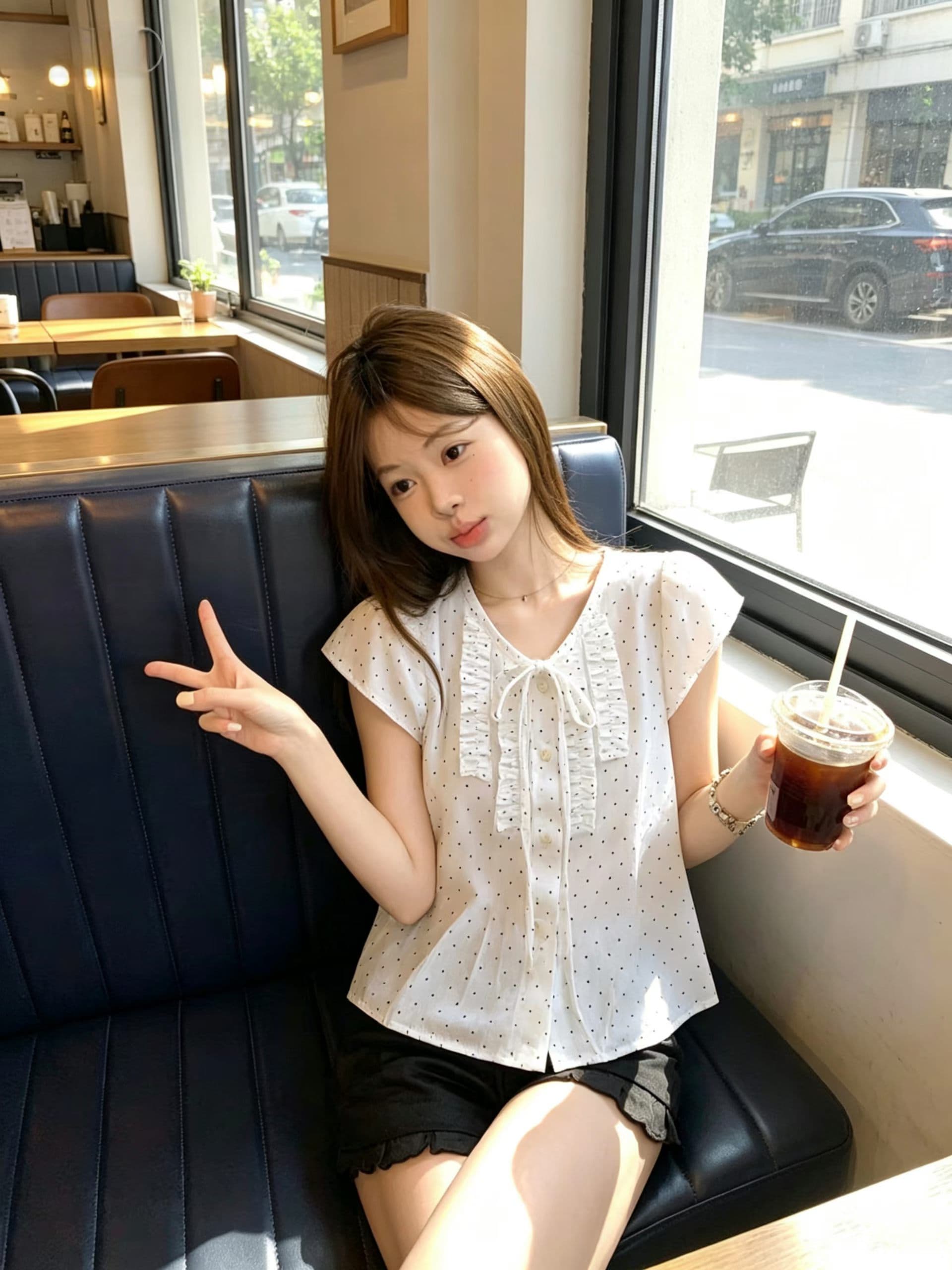 프랑스식 달콤한 스타일 V 넥 셔츠 허리 수축 슬림해 보이는 고급 센스 캐주얼 새로운 반팔 도트 무늬 맨위 여성