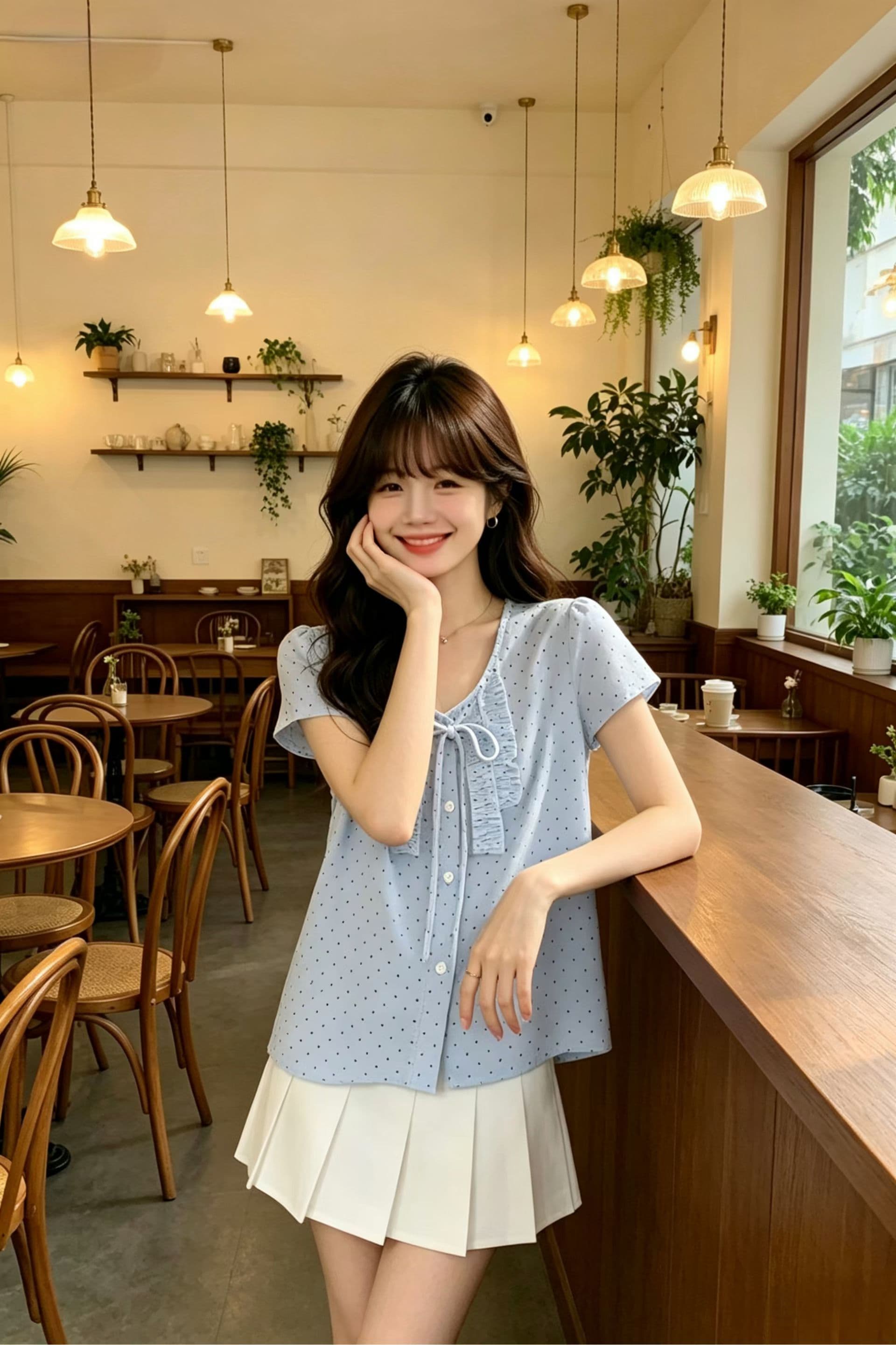 프랑스식 달콤한 스타일 V 넥 셔츠 허리 수축 슬림해 보이는 고급 센스 캐주얼 새로운 반팔 도트 무늬 맨위 여성 이미지 2