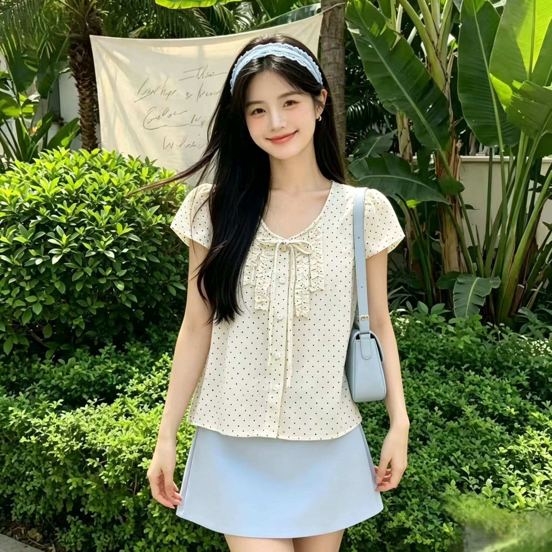 프랑스식 달콤한 스타일 V 넥 셔츠 허리 수축 슬림해 보이는 고급 센스 캐주얼 새로운 반팔 도트 무늬 맨위 여성 이미지 3