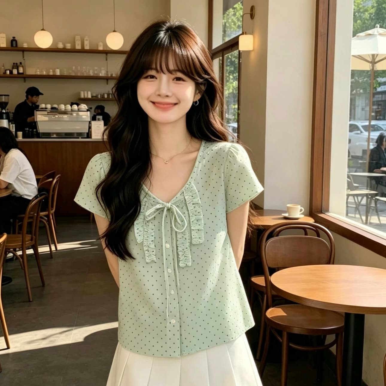 프랑스식 달콤한 스타일 V 넥 셔츠 허리 수축 슬림해 보이는 고급 센스 캐주얼 새로운 반팔 도트 무늬 맨위 여성 이미지 5