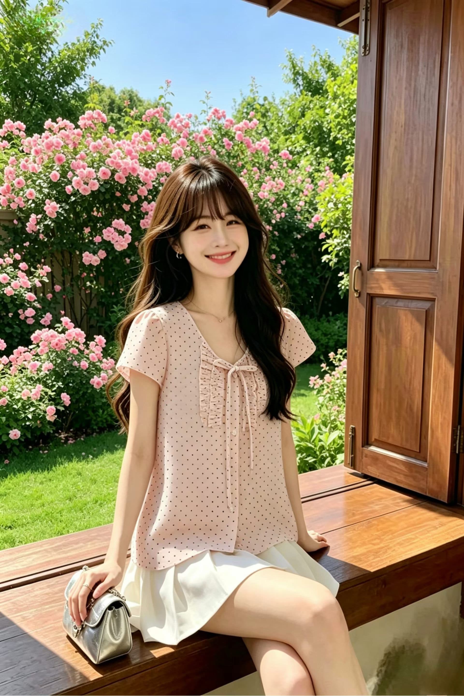 프랑스식 달콤한 스타일 V 넥 셔츠 허리 수축 슬림해 보이는 고급 센스 캐주얼 새로운 반팔 도트 무늬 맨위 여성 상세 이미지 2