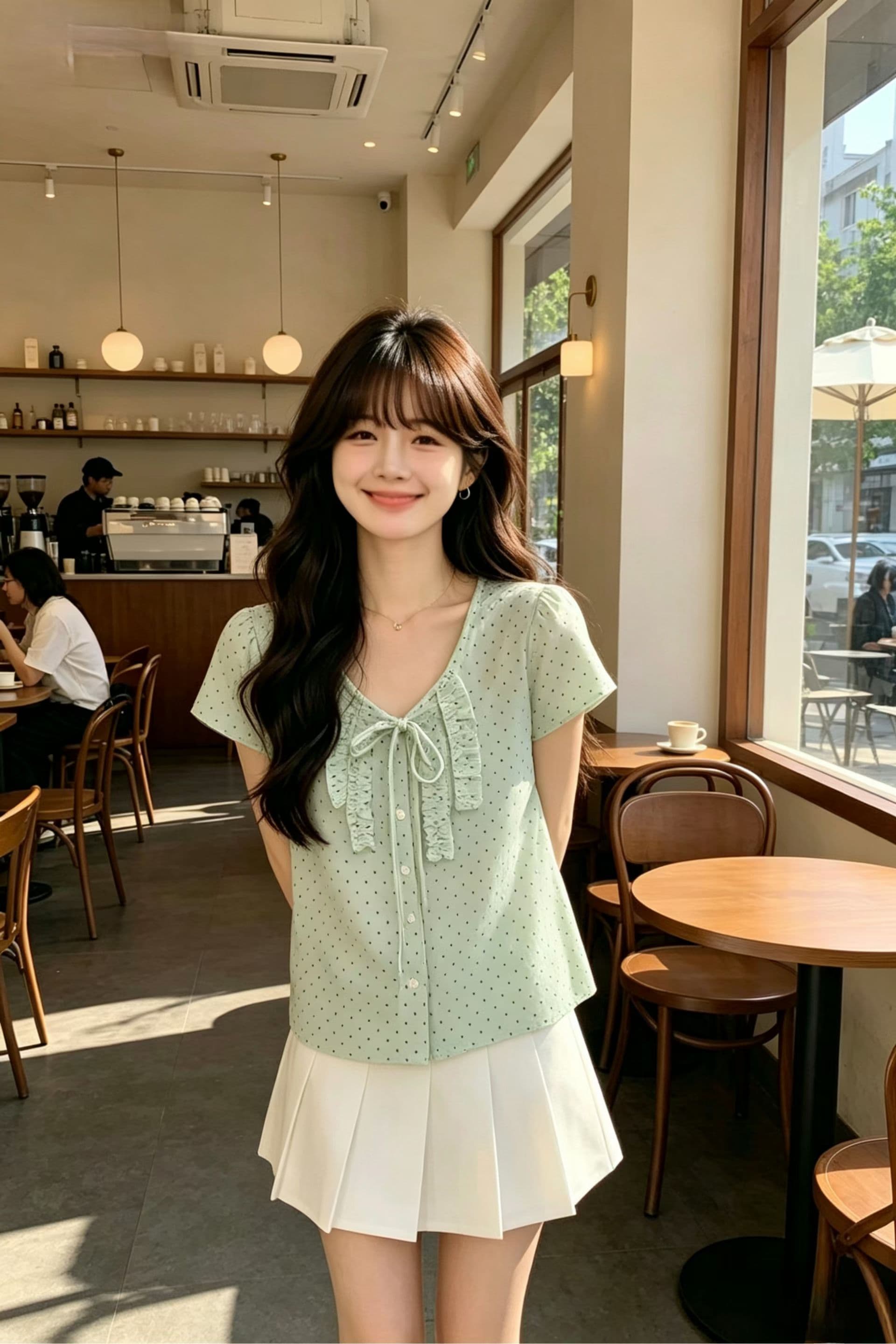 프랑스식 달콤한 스타일 V 넥 셔츠 허리 수축 슬림해 보이는 고급 센스 캐주얼 새로운 반팔 도트 무늬 맨위 여성 상세 이미지 3
