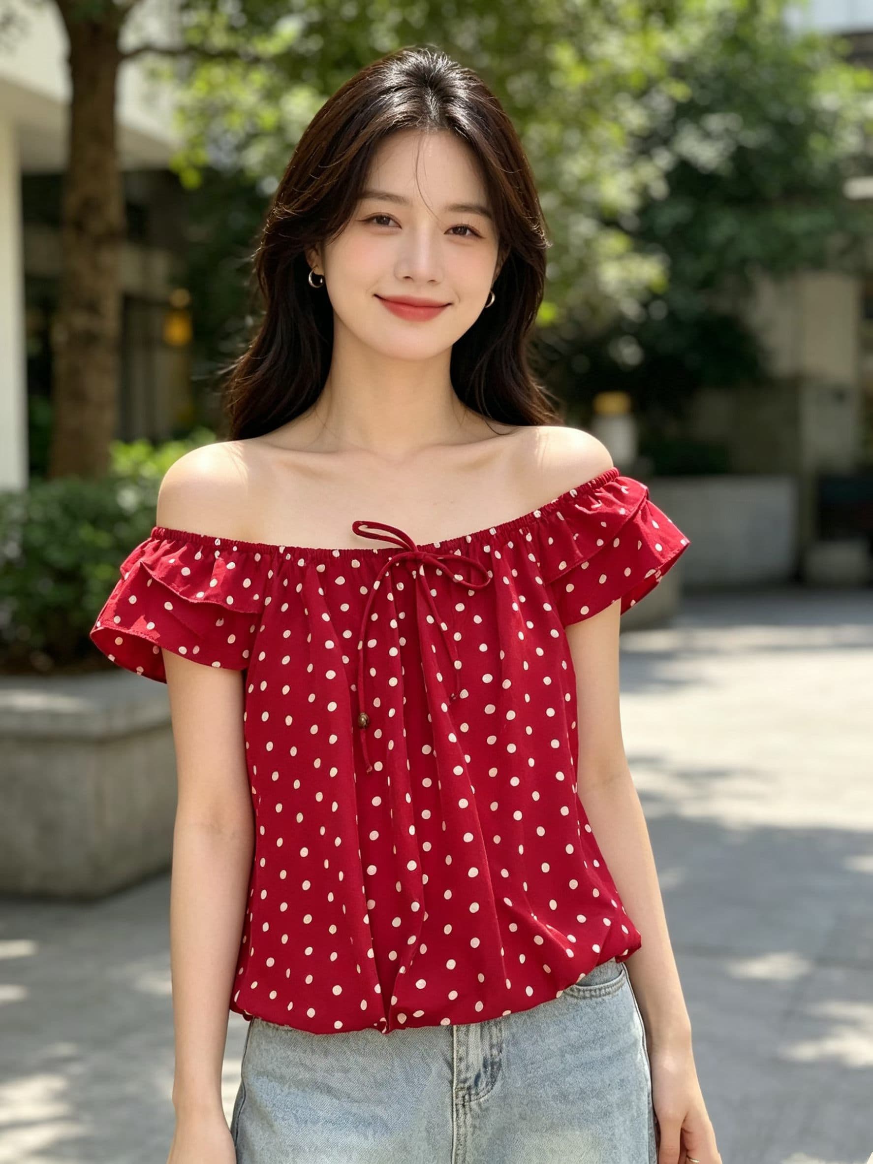 작은 날다 소매 도트 무늬 레이스업 Chic 작은 셔츠 여성 고급 센스 여름 인기 오프숄더 셔츠 품격 쉬폰 톱 이미지 3