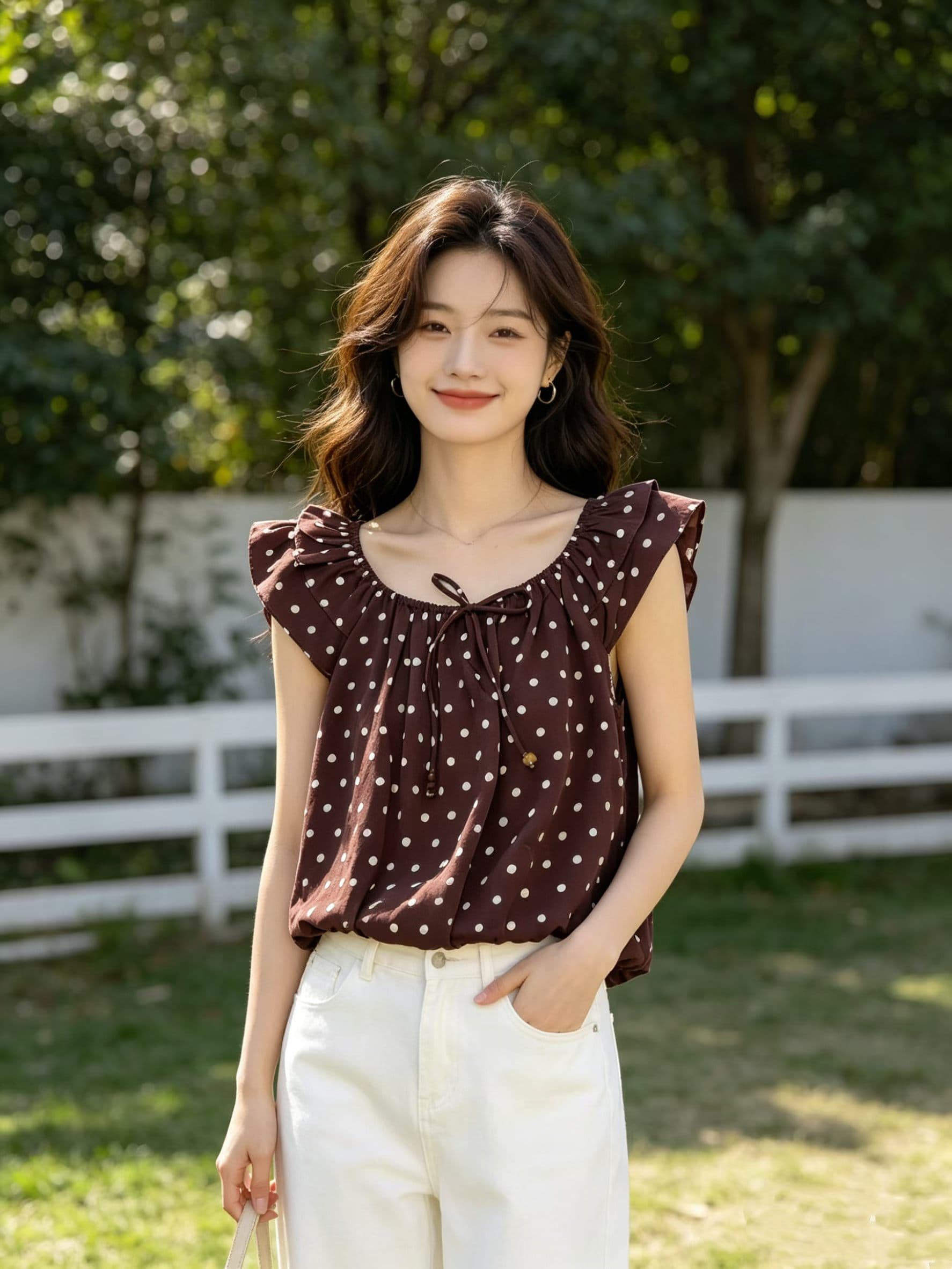작은 날다 소매 도트 무늬 레이스업 Chic 작은 셔츠 여성 고급 센스 여름 인기 오프숄더 셔츠 품격 쉬폰 톱 이미지 4