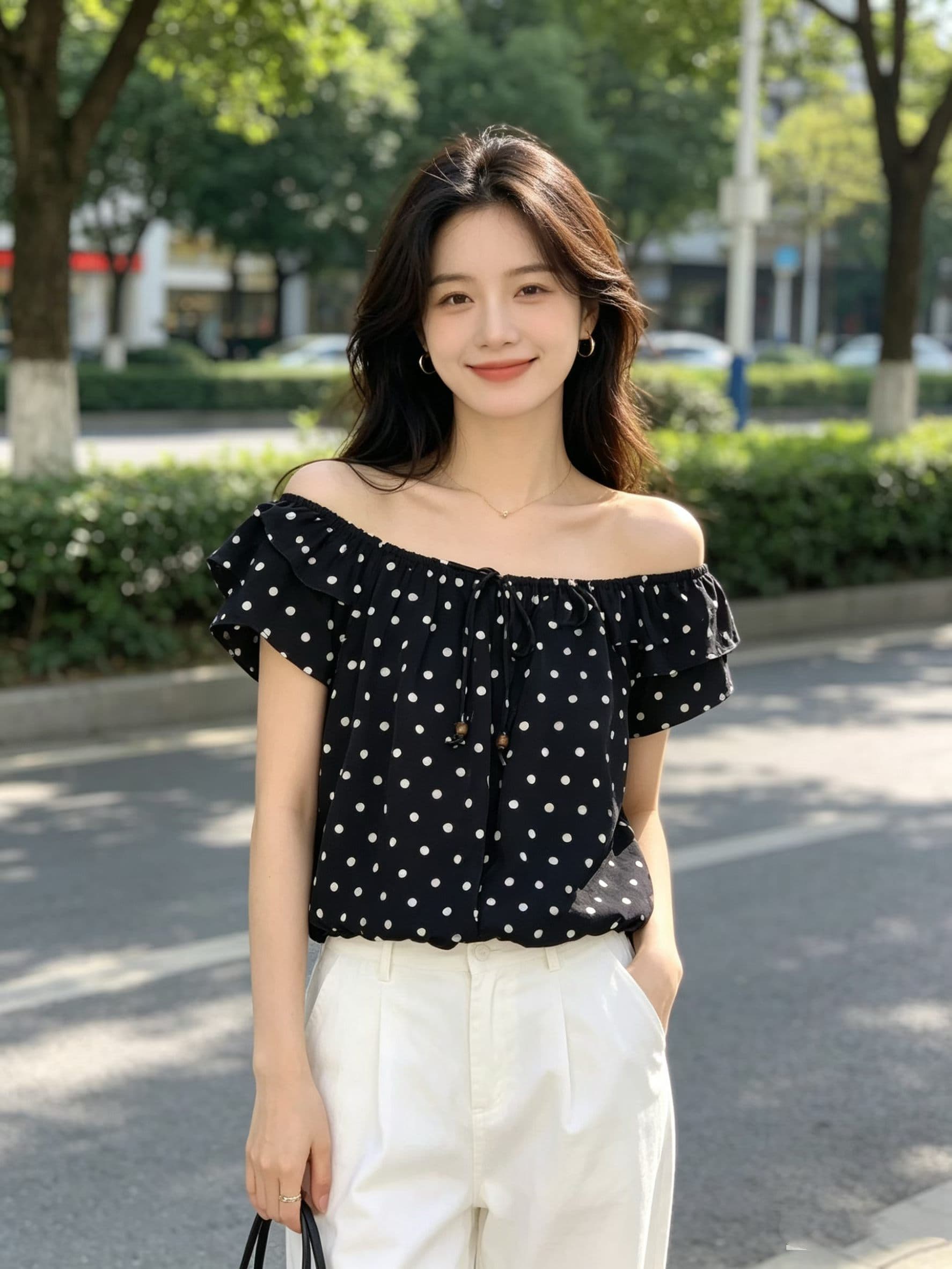 작은 날다 소매 도트 무늬 레이스업 Chic 작은 셔츠 여성 고급 센스 여름 인기 오프숄더 셔츠 품격 쉬폰 톱 상세 이미지 2