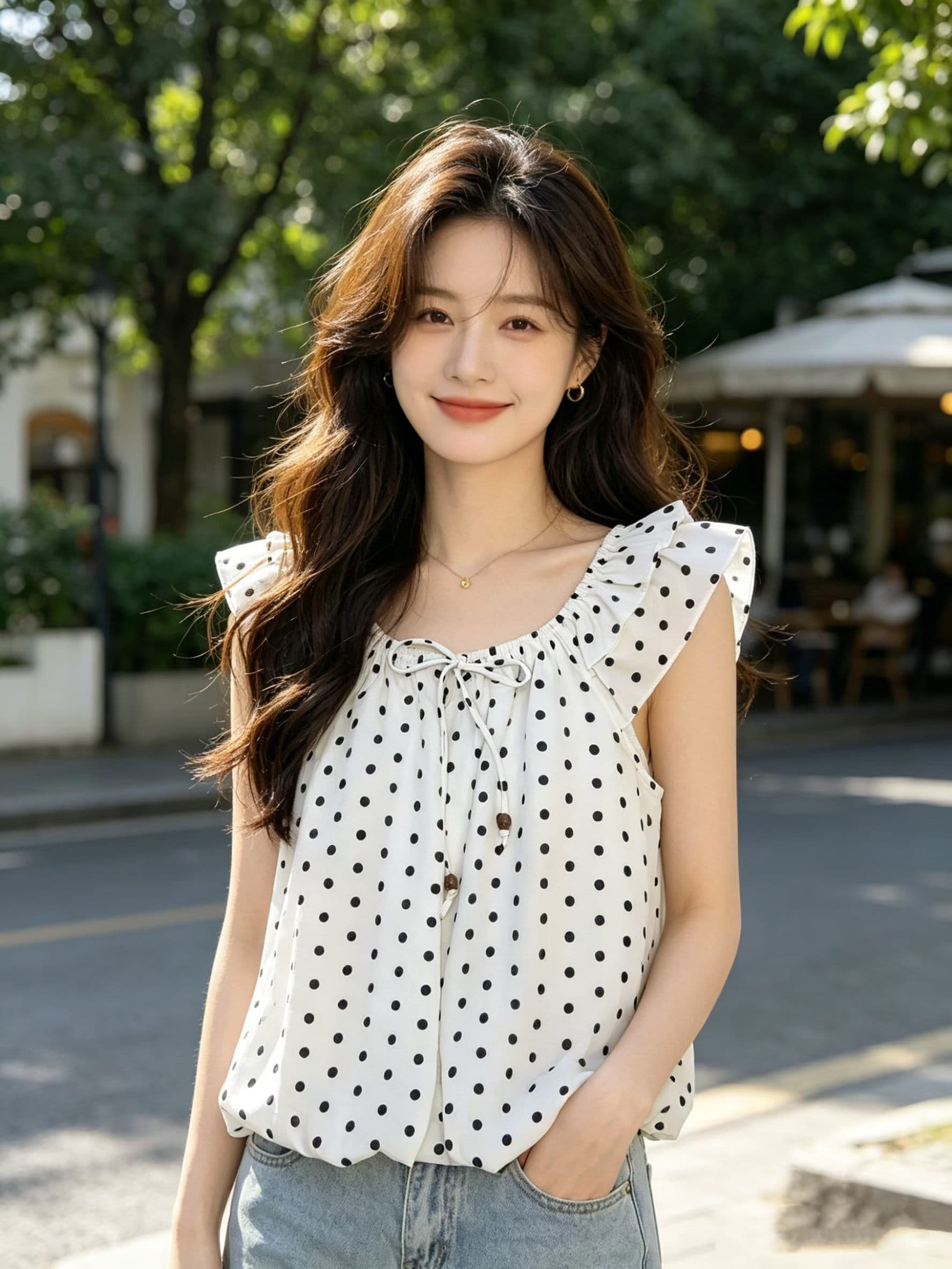 작은 날다 소매 도트 무늬 레이스업 Chic 작은 셔츠 여성 고급 센스 여름 인기 오프숄더 셔츠 품격 쉬폰 톱 상세 이미지 4